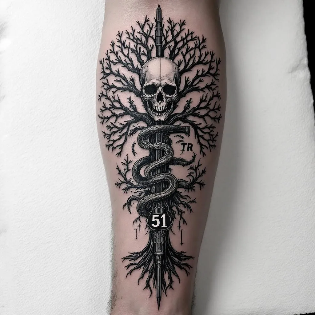 Generate an intricate and stylish tattoo design that is tailored for a medium skin tone male. The tattoo should be ideally positioned on his forearm. Ensure the design reflects robust and manly aesthetics.
Create a striking tattoo design fit for the back of a male's forearm, epitomizing power, tactical sophistication, and deep symbolism. The main elements include a realistic H-S Precision Pro Series 2000 HTR sniper rifle seamlessly entwined with the iconic Golani Brigade tree symbol. Use the rifle to creatively accentuate the tree, either as a cross-structure or an integral part of the tree trunk. Incorporate a lifelike skull and snake in the design to signify strength, danger, and resilience. The number "51" should be clearly etched within the layout to add an element of personal significance. Employ the signature black and grey realistic style, focusing on high contrast, sharp details whilst ensuring no cartoonish effect. The overall design should harmonize the elements to create a sense of tactical might and symbolic depth on a medium skin tone canvas.
want the tattoo to be based specifically on this exact sniper rifle: H-S Precision Pro Series 2000 HTR (the one in the reference image I attached).
Please do NOT replace it with a different weapon or a generic sniper rifle.

I also want the exact Golani Brigade tree symbol, not a random tree or different style.

The design must include:

This exact sniper rifle model

The Golani tree symbol (accurate and recognizable)

The number 51

A skull and a snake