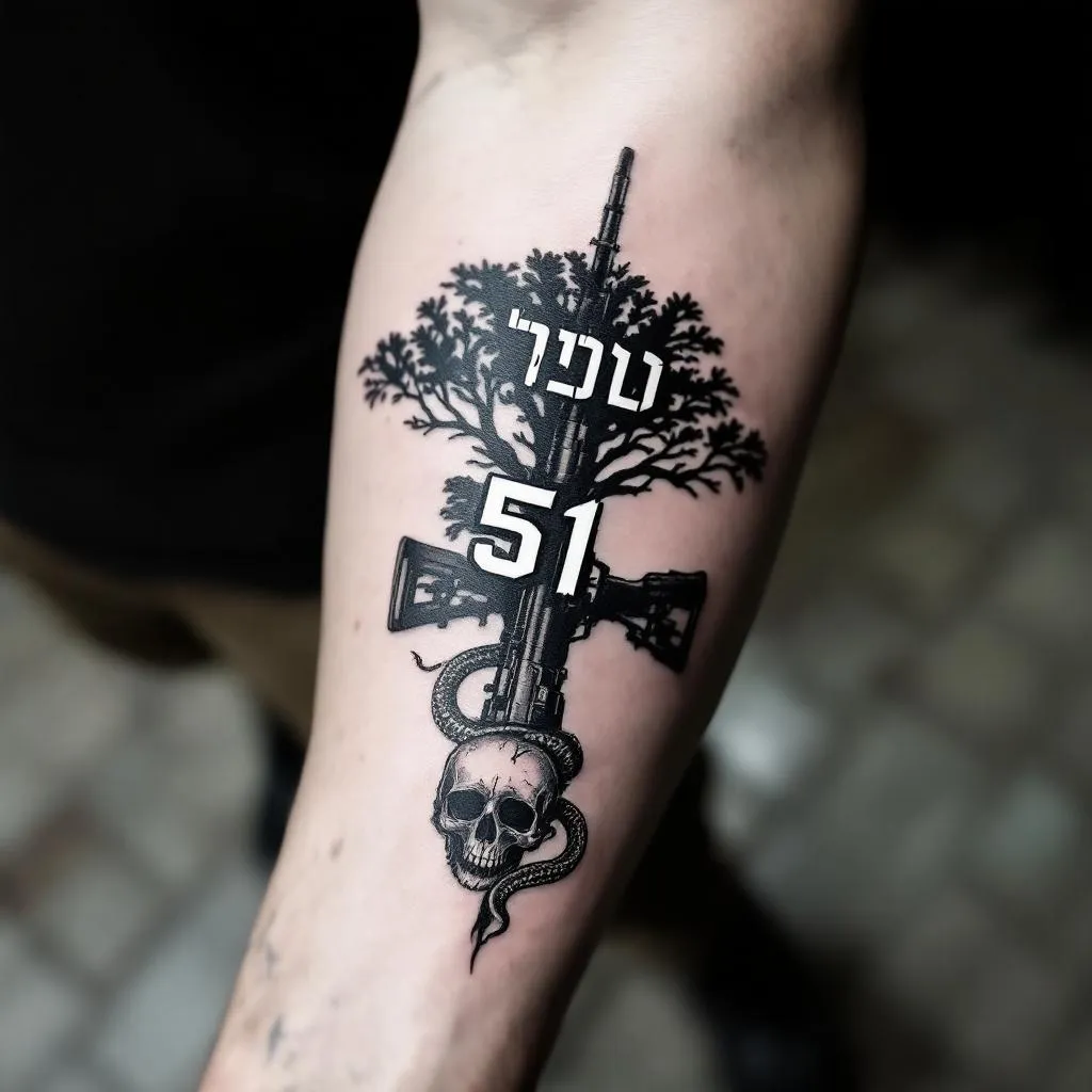 I want a tattoo on the back of my forearm that combines my sniper rifle, the H-S Precision Pro Series 2000 HTR, with the Golani Brigade tree symbol.
The rifle should be integrated into the design, either crossing through the tree or forming part of its trunk.
The number 51 should be included clearly in the composition.
I would also like to add a skull and a snake, symbolizing strength, danger, and resilience.
The style should be realistic or black and grey, with strong contrast and sharp details.
The overall design should feel powerful, tactical, and symbolic, not cartoonish.
i want the tattoo to be based specifically on this exact sniper rifle: H-S Precision Pro Series 2000 HTR (the one in the reference image I attached).
Please do NOT replace it with a different weapon or a generic sniper rifle.

I also want the exact Golani Brigade tree symbol, not a random tree or different style.

The design must include:

This exact sniper rifle model

The Golani tree symbol (accurate and recognizable)

The number 51

A skull and a snake