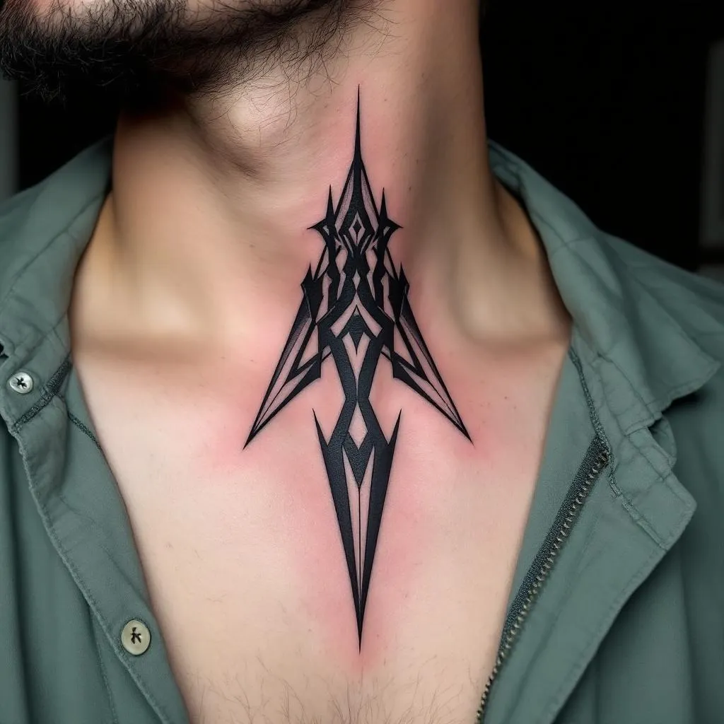 I want a sharp, sexy tattoo that starts from my collarbone and climbs up toward my neck.
The design should be visible when I wear a shirt, but it should not cover the entire neck — only part of it, creating a subtle and seductive effect.

The tattoo should have clean, sharp lines and a bold presence, with a refined and stylish look.
It should feel masculine, confident, and visually striking without being too heavy.

The placement should follow the natural shape of the collarbone and neck, flowing upward in a smooth and elegant way.