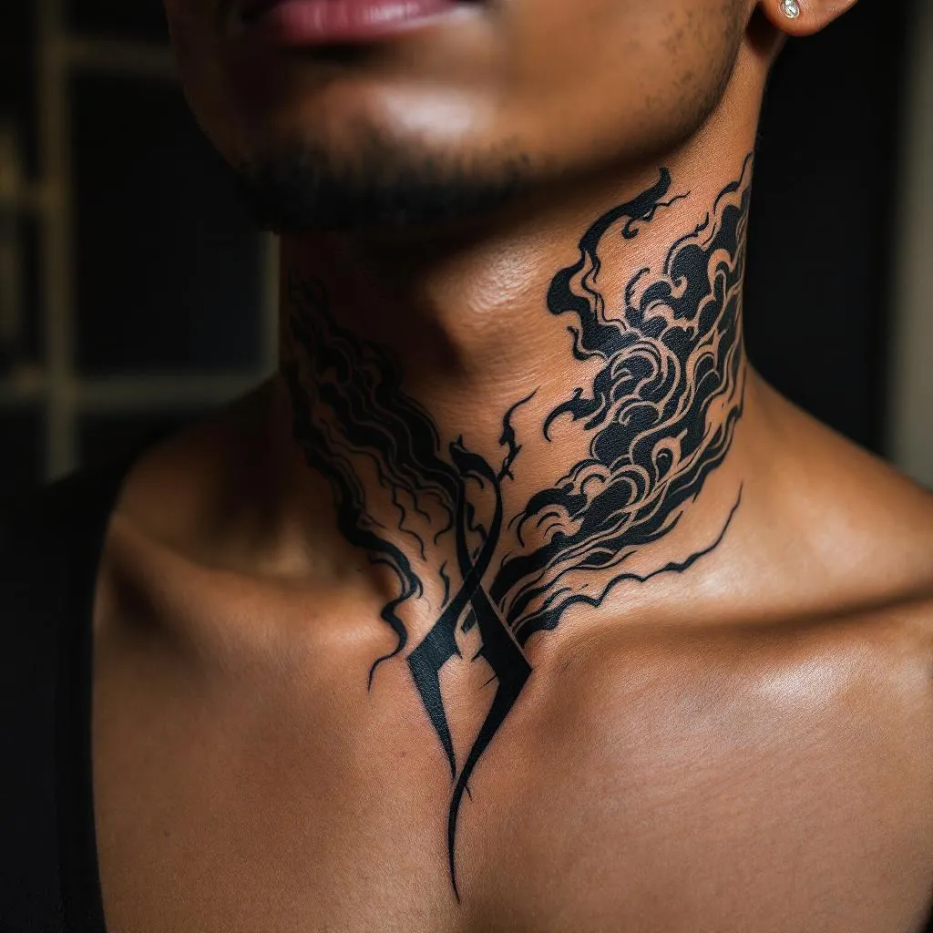 Generate a realistic design for a tattoo inspired by Akatsuki Clouds. This design should sit elegantly on the neck of a male directly under chin with a medium skin tone. Ensure that the tattoo primarily uses black ink for authenticity.

