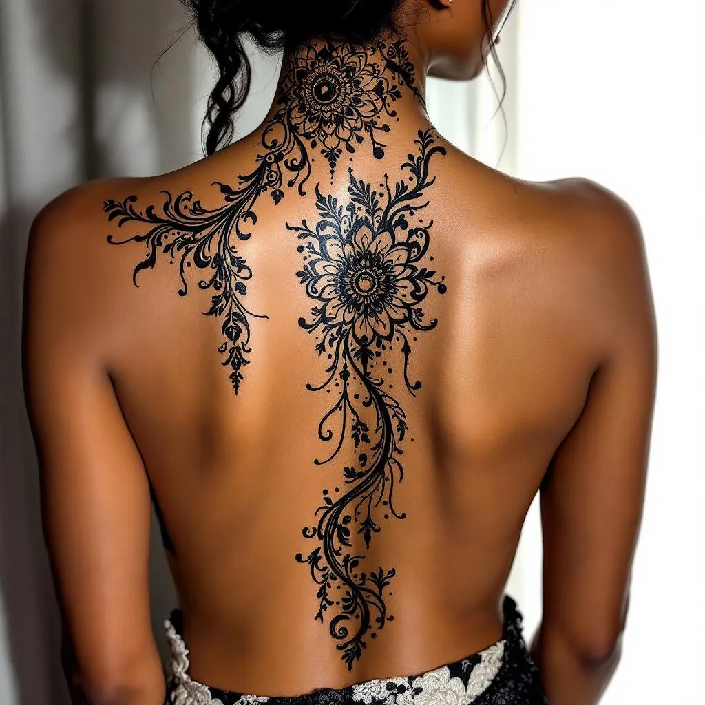 Generate a tattoo design showcasing an exquisite henna-inspired motif that elegantly cascades down the entire length of a dark-skinned female character's spine. Incorporate the term 'unwavering' seamlessly within the intricate pattern as a symbol of her formidable inner fortitude and unwavering resilience. The design should evoke the rich, complex beauty of henna artistry, and the tattoo's positioning on the spine should accentuate the wearer's back contours, thereby creating an impressive visual journey from the base of her neck to her lower back.
