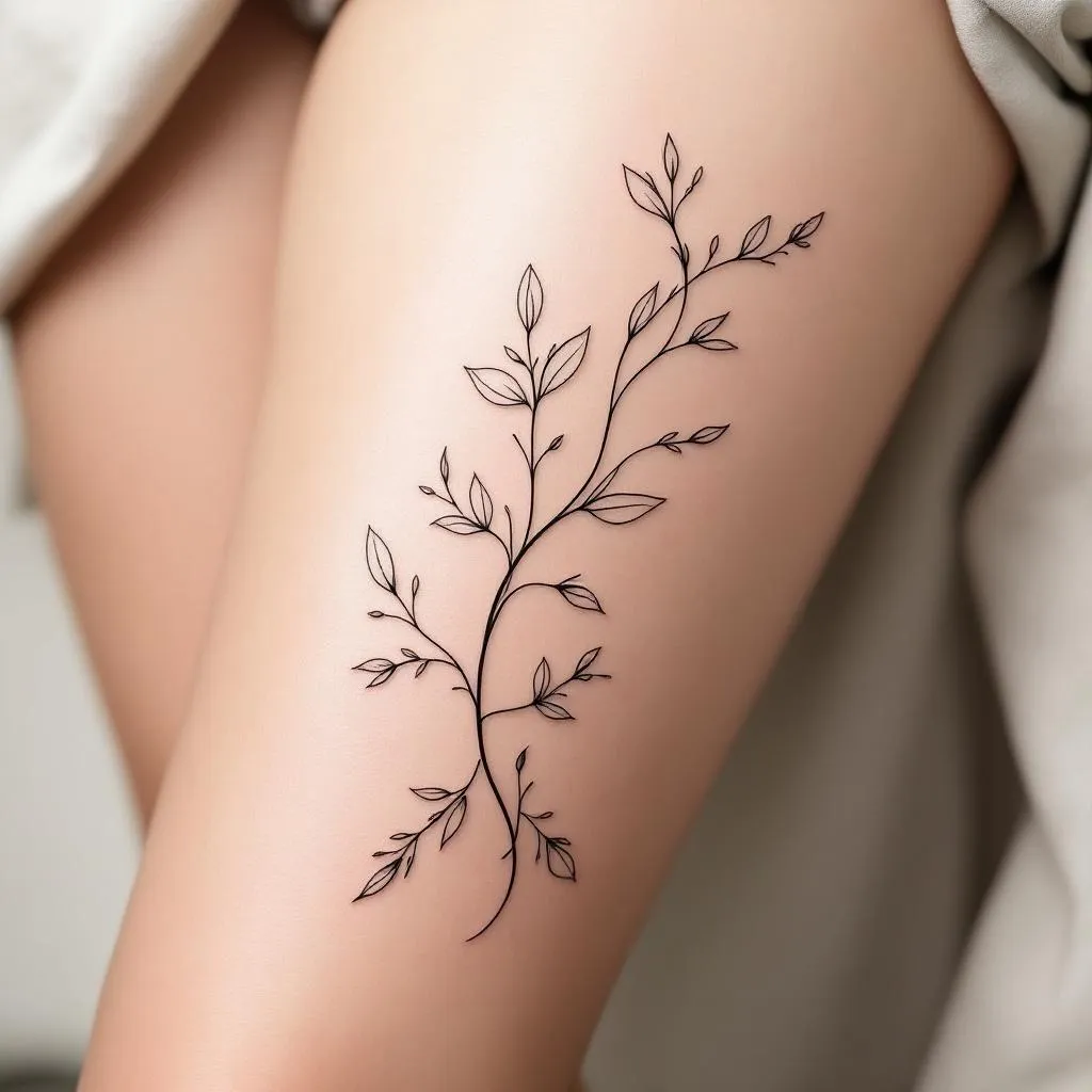 Delicate fine-line botanical tattoo designed to wrap naturally around the outer thigh and slightly toward the front, following the curve of the hip and quad. Flowing, organic vine composition with elongated leaves and soft petal elements, inspired by minimal East-Asian ink linework and modern botanical sketching.

Ultra-thin, continuous lines with subtle line-weight variation, airy negative space, and gentle movement — nothing dense or heavy. The design should feel elegant, feminine, and fluid, as if growing along the body rather than sitting on top of it.

No harsh symmetry, no bold outlines, no shading blocks — only soft micro-shading within leaves if needed. The vine subtly curves and tapers to enhance the thigh’s natural shape, creating a wrapped effect visible from multiple angles.

Style: minimalist fine-line tattoo, botanical sketch, soft organic flow, modern luxury aesthetic

Ink: black or soft warm grey

Placement: upper outer thigh, wrapping slightly toward the front and back for a sculpted silhouette

Mood: graceful, sensual, calm, timeless

Avoid: realism, heavy contrast, thick outlines, crowded details