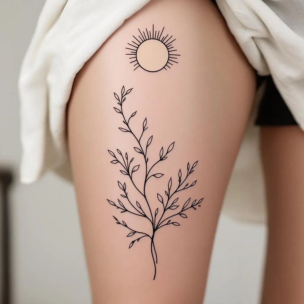 Fine-line botanical tattoo designed to wrap around the upper outer thigh, following the natural curve of the hip and quad. A flowing, minimalist vine with elongated leaves grows upward and outward, subtly wrapping toward the front and back of the thigh.
At the top of the composition, a minimalist sun element is integrated — a soft circular sun with delicate, hand-drawn rays extending outward in uneven, organic lengths. The sun feels light and airy, not bold or geometric, as if sketched with ink.
Ultra-thin lines with gentle line-weight variation; no heavy outlines, no solid fills. Leaves are elegant, tapered, and slightly abstract, with micro-shading only where necessary. The sun’s rays blend into the vine’s flow, creating movement and continuity rather than separation.
Style: minimalist fine-line tattoo, botanical ink drawing, modern spiritual aesthetic
Ink: soft black or warm grey
Placement: upper outer thigh, wrapping slightly forward and backward
Mood: radiant, calm strength, feminine, grounded
Avoid: bold contrast, symmetry, realism, dense shading