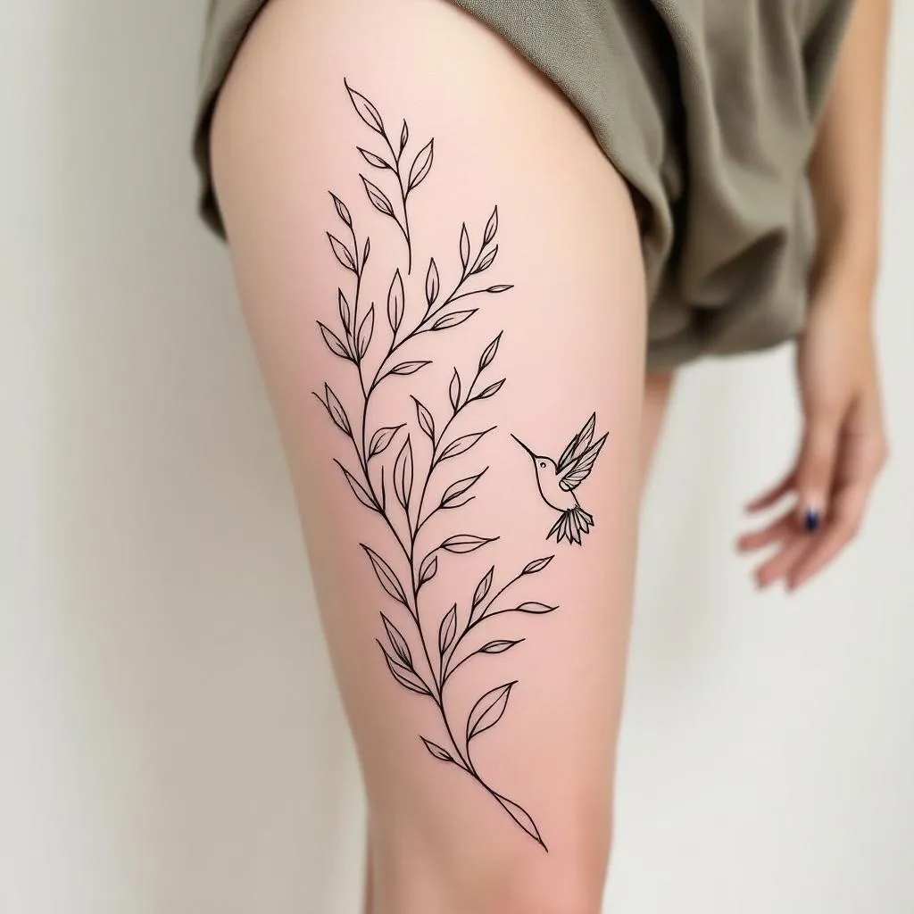 Delicate fine-line thigh tattoo designed to wrap organically around the upper outer thigh. A flowing botanical vine with elongated leaves curves along the thigh, creating a sculptural wrap effect that enhances leg length and natural contours.

Integrated into the composition is a minimalist hummingbird, drawn in ultra-fine continuous lines — wings extended in soft motion, slightly abstract rather than realistic. The bird appears mid-flight, subtly interacting with the vine, as if hovering near the leaves.

Linework is light, airy, and fluid, with intentional negative space. The hummingbird remains elegant and understated — no feathers rendered in detail, only suggested through graceful line movement. The overall design feels balanced, feminine, and alive without being busy.

Style: fine-line botanical tattoo, minimalist bird line art, modern ink illustration

Ink: black or soft grey

Placement: upper outer thigh, wrapping toward the front of the leg

Mood: freedom, softness, resilience, quiet power

Avoid: realism, thick lines, heavy shading, illustrative detail overload