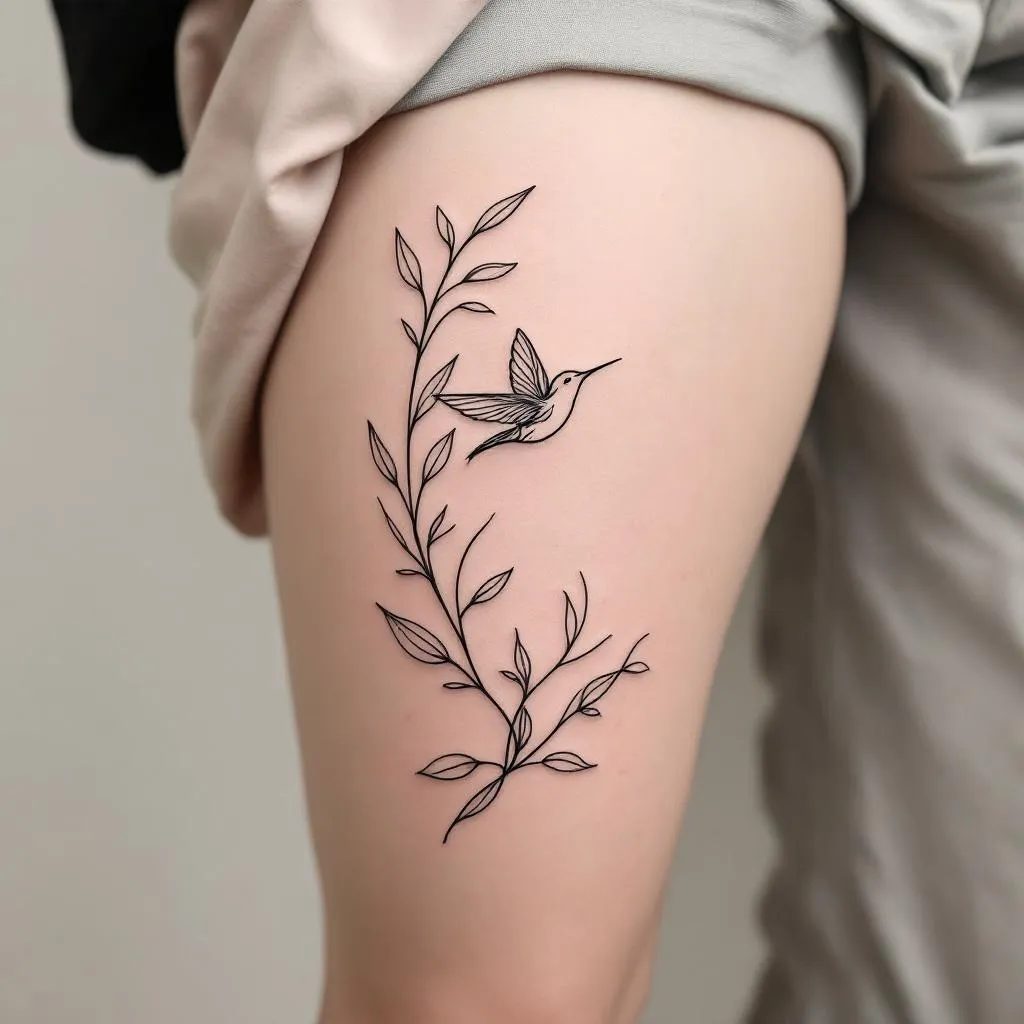Delicate fine-line thigh tattoo designed to wrap organically around the upper outer thigh. A flowing botanical vine with elongated leaves curves along the thigh, creating a sculptural wrap effect that enhances leg length and natural contours.

Integrated into the composition is a minimalist hummingbird, drawn in ultra-fine continuous lines — wings extended in soft motion, slightly abstract rather than realistic. The bird appears mid-flight, subtly interacting with the vine, as if hovering near the leaves.

Linework is light, airy, and fluid, with intentional negative space. The hummingbird remains elegant and understated — no feathers rendered in detail, only suggested through graceful line movement. The overall design feels balanced, feminine, and alive without being busy.

Style: fine-line botanical tattoo, minimalist bird line art, modern ink illustration

Ink: black or soft grey

Placement: upper outer thigh, wrapping toward the front of the leg

Mood: freedom, softness, resilience, quiet power

Avoid: realism, thick lines, heavy shading, illustrative detail overload