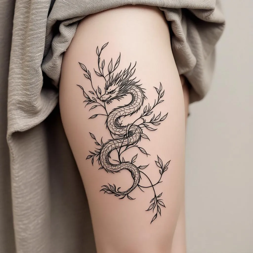 Fine-line tattoo designed to wrap organically around the upper outer thigh, following the natural curve of the hip and quad. A flowing botanical vine with elongated leaves forms the base of the composition, gently spiraling to create a sculpted wrap effect.

Intertwined within the vine is an ethereal, minimalist dragon rendered in ultra-thin continuous linework. The dragon’s body is long, serpentine, and fluid — more symbolic than realistic — weaving softly through the leaves as if part of nature itself.

No scales rendered individually; texture is suggested through subtle line variation and negative space. The dragon feels light, calm, and ancient, not aggressive. Movement is emphasized through curves rather than detail.

Style: minimalist fine-line tattoo, East Asian ink influence, botanical fusion

Ink: soft black or warm grey

Placement: upper outer thigh, wrapping slightly forward and backward

Mood: quiet power, protection, inner strength, balance

Avoid: bold outlines, sharp angles, heavy shading, fantasy realism
