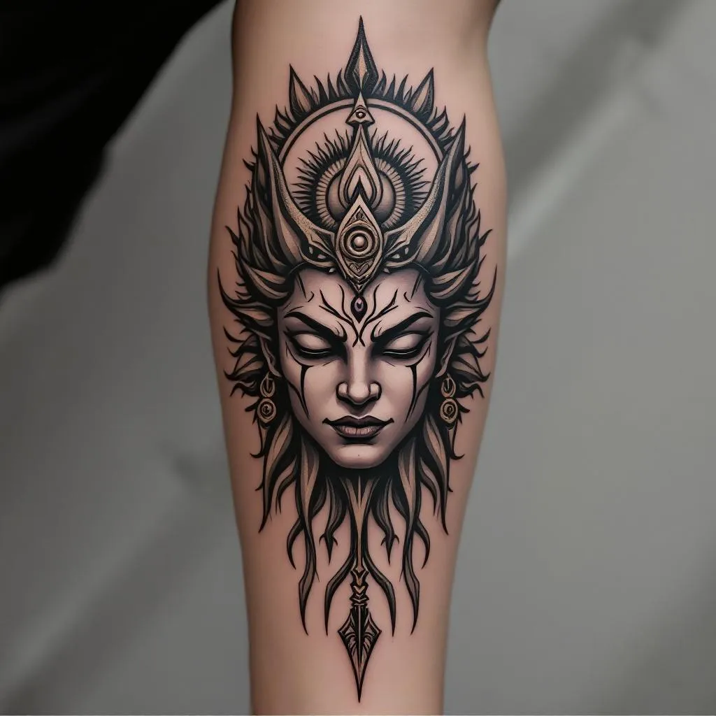 i wanna deign a tattoo that content 10 heads of Ravana,and the third eye symbol half closed eye and the arrow.behind the head i need sun symbol