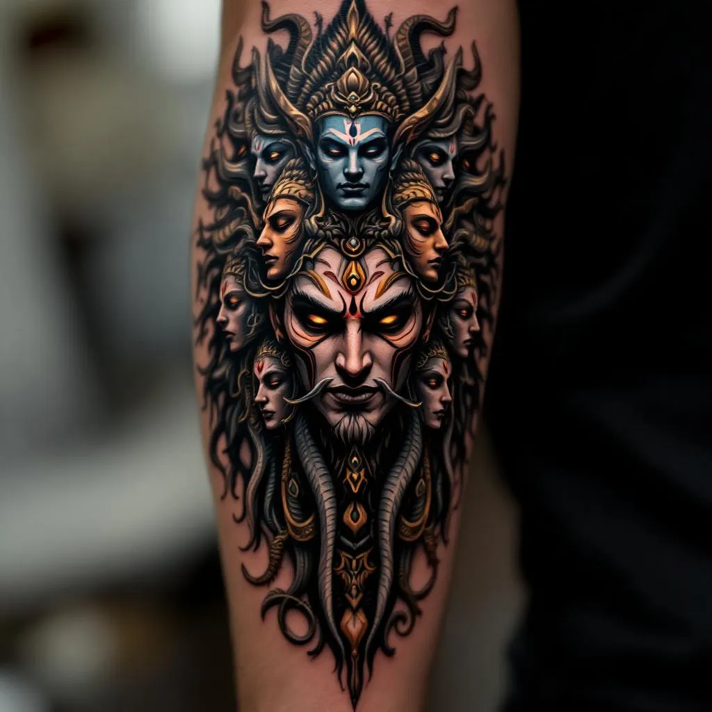 Craft a dynamic tattoo design featuring the 10 heads of Ravana in an intricate and powerful composition. Incorporate a bold, evocative style into the design that will be placed on the arm of a male individual who possesses a medium skin tone.