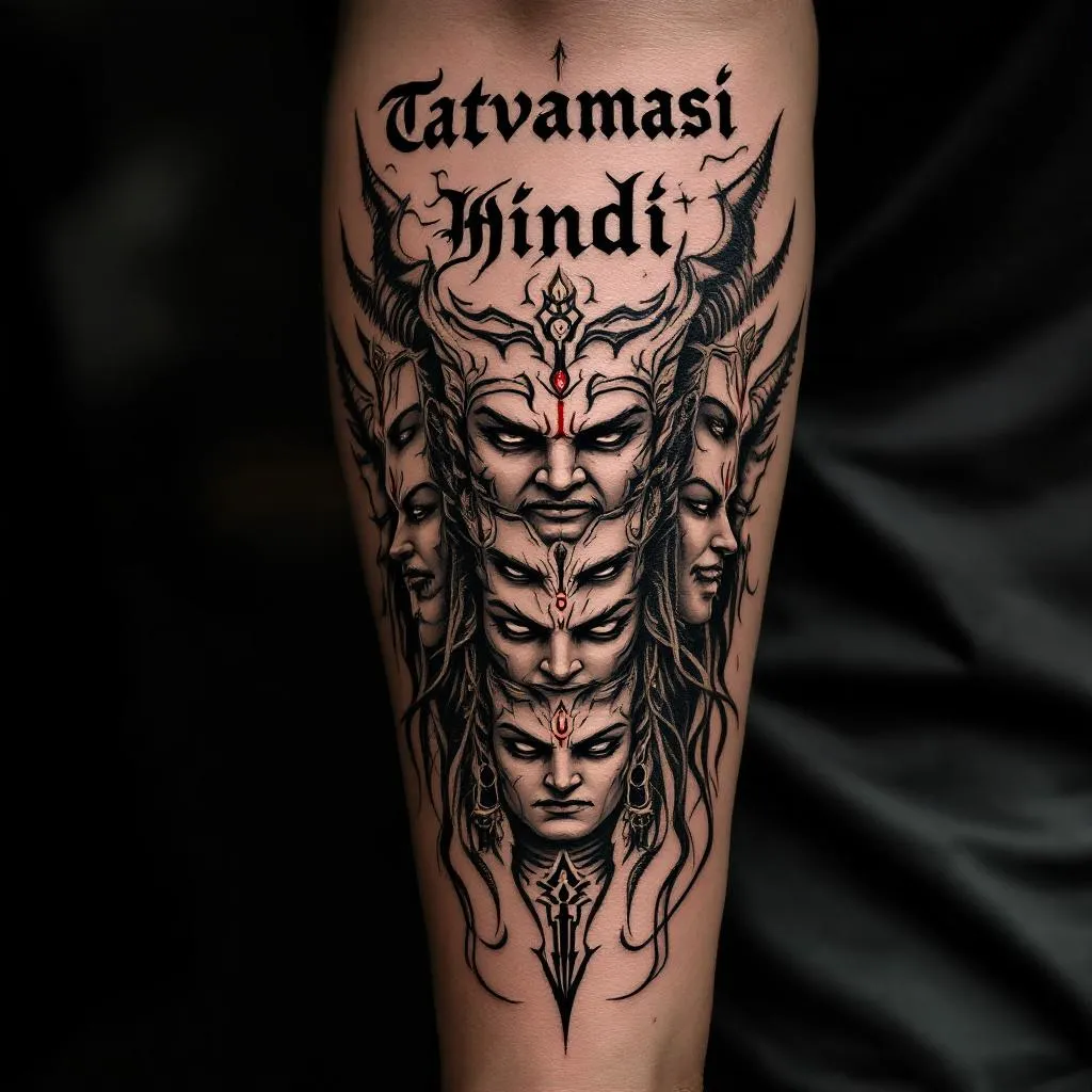 Design an elaborate tattoo, showcasing the ten formidable heads of Ravana arranged in a linear fashion. The figures should encompass a robust, profound style, each bearing unique characteristics to represent their diversified powers. At the top of this dynamic composition, incorporate the Sanskrit phrase "Tatvamasi Hindi" in a striking, traditional script. The tattoo should exhibit a commanding and evocative aura, suitable for the medium-dark skinned male arm where it will be positioned. The design should be oriented vertically, with a symbolic arrow pointing downward at the base of the tattoo, serving as a concluding element of the design.