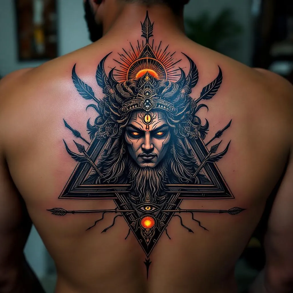 Generate an intricate tattoo design for a male having medium-dark skin tone, to be positioned on his back. The design should feature a skillfully depicted Ravana, his ten heads arranged in a horizontal row. Seamlessly blend the heads with a downwards-facing arrow motif. Encompass this ensemble within an edgy, geometric triangle. At the core of the triangle, introduce the symbol of a semi-closed 'third eye', shielded by a glowing sun emblem at its rear. The embellishment should radiate masculinity with robust, assertive lines, resulting in a unique fusion of myth, geometry, and symbolism.