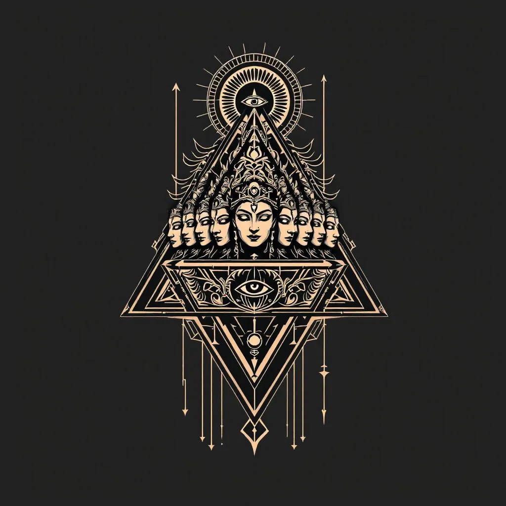 Generate a visually striking tattoo design destined for the back of a medium-toned male's hand. The central focus should be a finely detailed image of Ravana, with his ten heads artistically arranged in a horizontal row. Weave in a discreet motif of a downward arrow intertwining with the heads. Encase this compelling composition within the clean, inventive outlines of a geometric triangle. Add visual interest with the inclusion of a slightly closed 'third eye' symbol at the center of the triangle, enfolded by a glowing sun emblem, to create an element of intrigue. Utilize bold and precise linework to project a potent masculine energy. The final design should beautifully blend mythology, geometric elements, and symbolic icons, rendered in dramatic black. All eyes within the design should be half-open, intensifying the mystical feel. For a final touch, incorporate the Sanskrit word 'तत्त्वमसि' elegantly positioned above the tattoo in appealing typography.