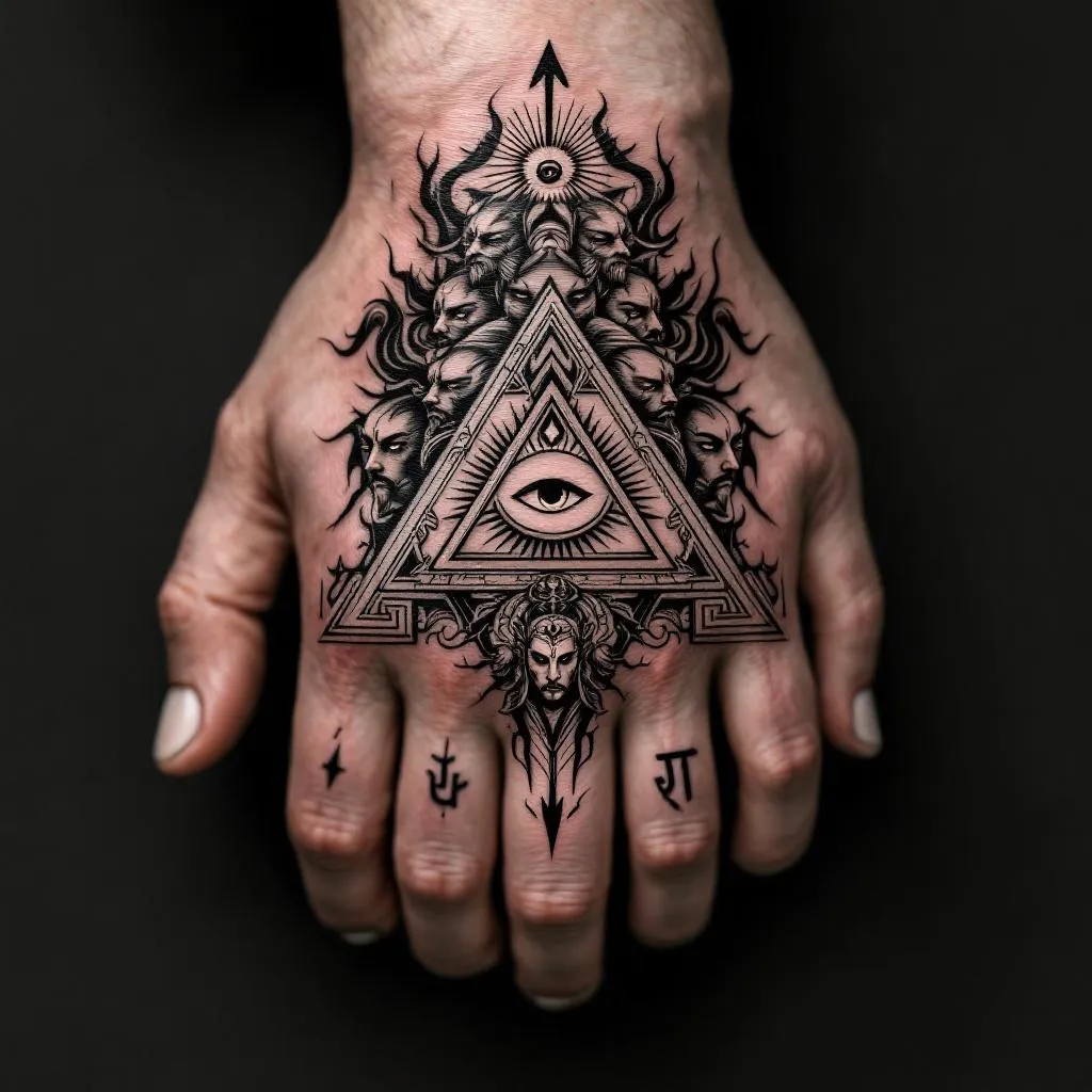 Generate an impactful tattoo design intended for the back of a medium-toned male's hand, characterized by a dynamic depiction of Ravana. Each of the ten heads should be prominently displayed in an artistically intertwined horizontal line up, subtly accompanied by a downward arrow motif weaved through them. Envelop this riveting visualization in a creatively shaped geometric triangle for a distinct border. At the triangle's heart noticeably lies a semi-closed 'third eye' emblem, cradled by a radiant sun symbol, to add a layer of enigma. Use strong and sharp linework to enhance a powerful masculine aura. Shape the final design to masterfully mix mythology, geometric facets, and symbolic icons with dramatic pitch-black ink. Add intensity to the mystical theme by keeping all eyes within the design half-open. A final dash of elegance is achieved through the incorporation of 'तत्त्वमसि' in stylish Sanskrit typography, gracefully positioned above. Ravana must be presented as a man with a mustache.