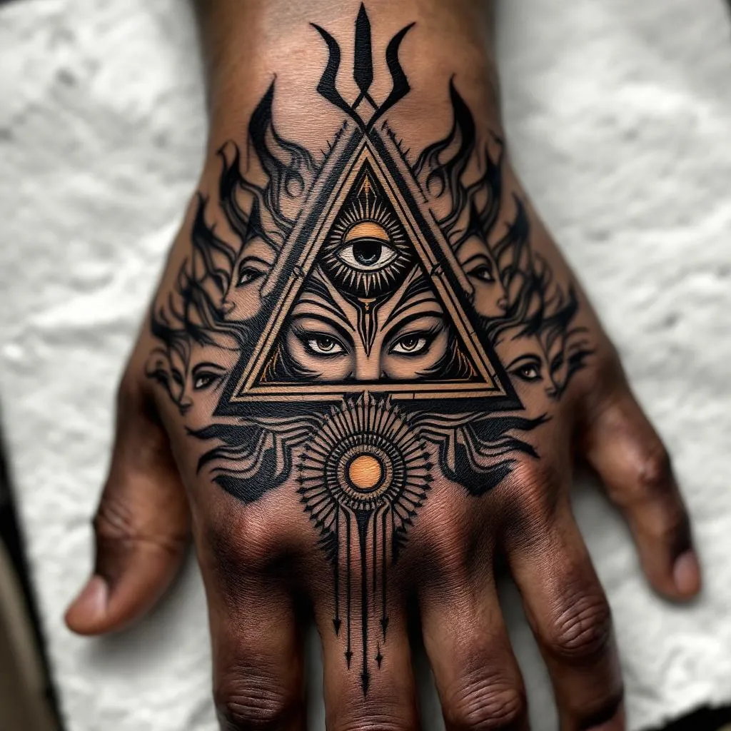 Produce an imposing tattoo design tailored for a male's hand with a dark skin tone. The piece should showcase a vivid portrayal of the mythical figure, Ravana, depicted with each of his ten heads brilliantly displayed along a horizontal line-up and threaded in an intricate intertwining fashion. Woven into this representation, subtly introduce a downwards arrow motif. Encase this captivating imagery within a bold, uniquely shaped geometric triangle to serve as a distinct border. Centered within this triangle, incorporate a conspicuous semi-closed 'third eye' emblem, nestled within a radiant sun symbol to inject a dash of mystery. Employ robust and defined linework to exude a potent masculine aura. The final design should seamlessly blend elements of mythology, geometric structures, and symbolic symbols, executed in deep black ink. All eyes within the design should remain half-open to amplify the mystical theme. To add a touch of elegance, integrate 'तत्त्वमसि' in an exquisite Sanskrit script, strategically placed above the overall design. Bestow Ravana with a distinct mustache to add a manly touch.