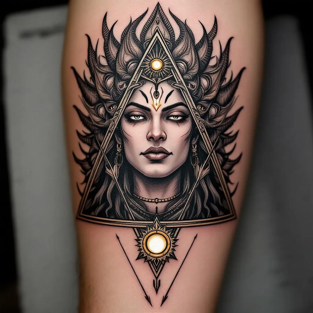 Craft an imposing tattoo design, drawn with bold, sharp lines and dramatic pitch-black ink, for a medium-skinned male situated from the back of his hand to the front of his upper elbow. Construct the design around a dynamic portrayal of the ten-headed Ravana, where each head distinctly stands out in an artistically layered horizontal arrangement. Thread a subtly designed downward arrow motif throughout the heads for added symbolism and complexity. Encapsulate this captivating representation within an inventively formed geometric triangle that serves as a conspicuous boundary. Instill depth at the crux of the triangle with a semi-closed 'third eye' motif, nestled amidst a glowing sun emblem, furthering the mystical theme. Ensure each eye within the design is half-open to amplify the atmospheric intrigue. Enhance the final composition by skillfully blending potent mythological, geometric, and symbolic elements. Inscribe 'तत्त्वमसि' in elegant Sanskrit typography, thoughtfully positioned above the main design as the finishing touch of sophistication. Ravana should be illustrated as a man distinguishingly sporting a mustache.