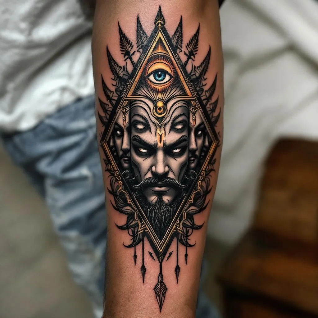 Craft a captivating tattoo design to adorn the back of a hand, extending up to the upper elbow of a medium-dark skinned man. Structured by robust and meticulous linework, the design should be saturated with deep, black ink, signifying vigor and resilience. The focal point of the design should be a dramatic representation of Ravana, the ten-headed deity from ancient legends, each of his distinctively rendered faces staggered horizontally for an impactful visual effect. Amplify each head's individuality by decking Ravana with a pronounced, distinguishing mustache. Weave an understated arrow motif coursing down the heads to infuse symbolism and enhanced visual depth. Bound the resonant portrayal within an imaginatively devised triangular frame, establishing a striking and attention-grabbing limit. Integrating at the peak of the triangle, add the semi-closed 'third eye' motif nestled within a glowing sun emblem that enhances the design's mystical aura. Ensure that all eyes in the artwork are depicted half-open, enhancing the overall sense of mystery. Subtly reflect the seven chakras in the tattoo to incorporate a touch of spiritual symbolism. Interlink various elements of mythology, geometry, and symbolism to enrich the final composition. As a finishing touch, above the central design inscribe 'तत्त्वमसि' in fashionable Sanskrit script, providing an elegant finale.