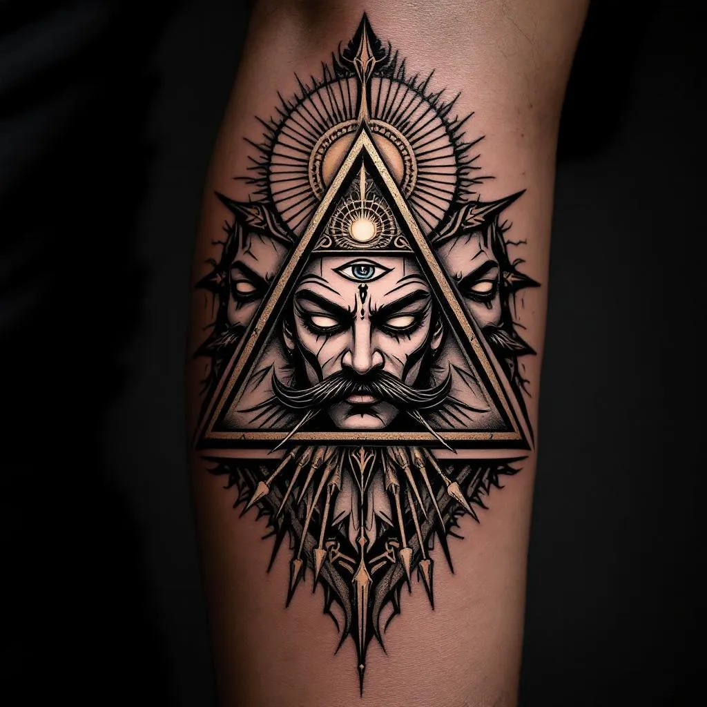 Design a captivating tattoo for the back of a hand extending up to the elbow of a medium-dark skinned male. The masterpiece should exhibit robust and precise linework filled with rich black ink, embodying strength and durability. The design's core should portray a dramatic depiction of Ravana, the ten-headed deity from ancient lore. Arrange each of his distinct faces horizontally, ensuring it illustrates the defining staggering effect for maximum visual impact. To add uniqueness, each head should sport a distinctive mustache. Incorporate a subtle arrow motif running down the faces to add layers of symbolism and visual depth. 

The powerful depiction should be thoughtfully enclosed within a unique triangular framework to create a gripping visual boundary. Merge these elements at the triangle's apex with a semi-closed 'third eye' motif nestled within a luminescent sun emblem to heighten the mystical feel. Ensure all the eyes within the design are portrayed half-open to add an element of intrigue. 

To infuse spiritual symbolism into the design, subtly incorporate the seven chakras. Intertwine various elements of myth, geometry, and symbolism to enrich the final product. As a final embellishment, inscribe 'तत्त्वमसि' at the top of the central design in stylish Sanskrit script, providing an exquisite conclusion. The core mandatory components are the horizontal representations of Ravana's ten heads and the seven chakra symbols.