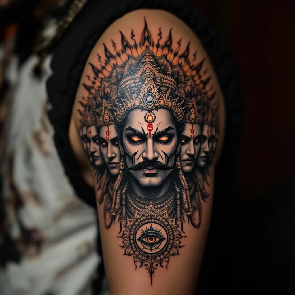 Craft an intricate tattoo design on the male's upper arm area, close to the elbow. This unique design should revolve around the spiritual theme of the seven secret chakras, depicted in a sophisticated style. Weave in the intimidating figure of Ravana with his ten heads, displayed in a horizontal depiction. Each of his heads should hold an imposing royal expression, depicting him as a potent, proud monarch complete with a bold mustache. In the center, incorporate a half-closed third eye, poised against a radiant sun backdrop. Please take into consideration a medium skin tone for the design aesthetics.