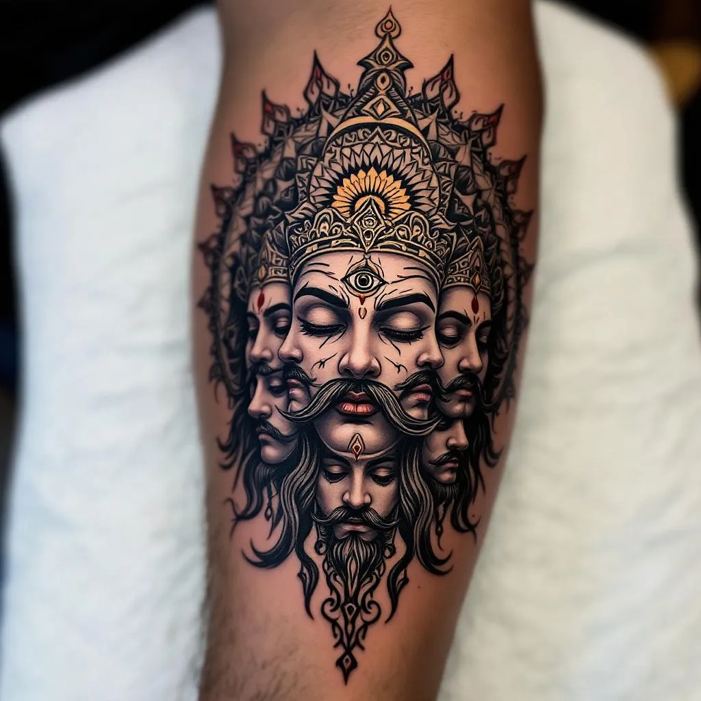 Create a detailed and complex tattoo design for a male, located on the forearm, near the front of the elbow. The central theme of this artistic masterpiece should be the mystical seven chakras, visualized in an elegant and sophisticated manner. Seamlessly integrate the mighty visage of the ten-headed Ravana across the design, aligned horizontally. Each of his heads should portray an awe-inspiring royal demeanor, denoting his power and majesty, complete with impressive mustaches. At the center of the narrative, feature a semi-closed third eye against the backdrop of a resplendent sun. Please ensure that the visual elements are aesthetically harmonious with a medium skin tone.