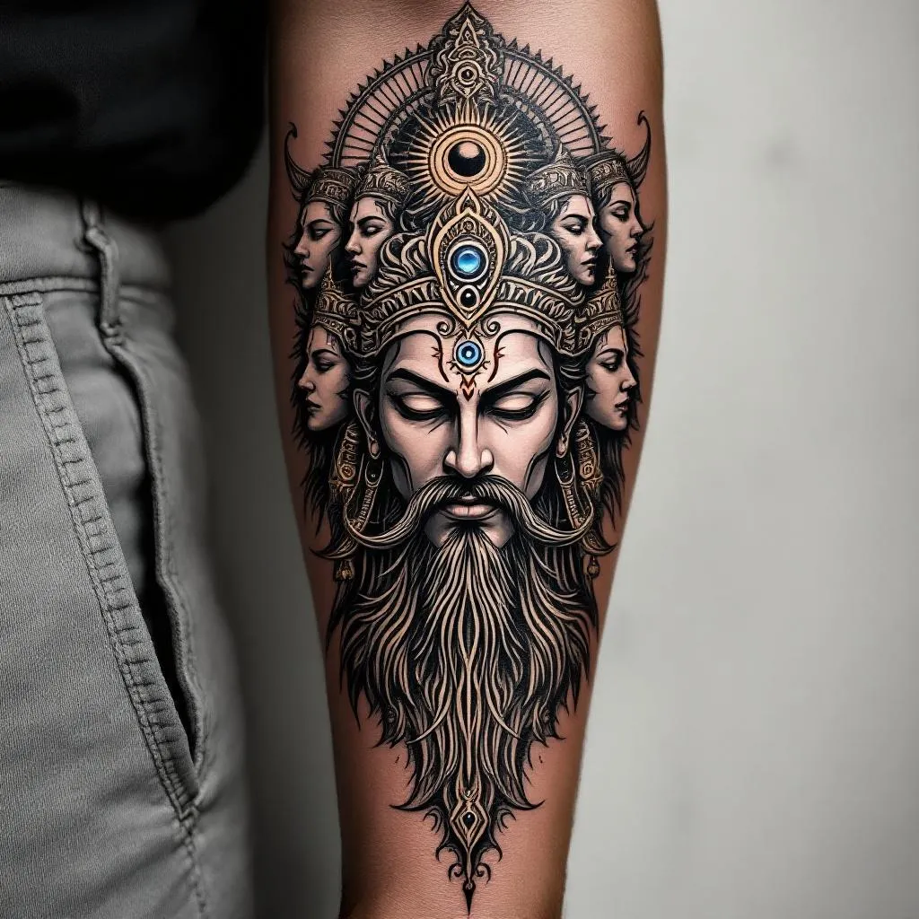 Create a detailed and complex tattoo design for a male, located on the forearm, near the front of the elbow. The central theme of this artistic masterpiece should be the mystical seven chakras, visualized in an elegant and sophisticated manner. Seamlessly integrate the mighty visage of the ten-headed Ravana across the design, aligned horizontally. Each of his heads should portray an awe-inspiring royal demeanor, denoting his power and majesty, complete with impressive mustaches. At the center of the narrative, feature a semi-closed third eye against the backdrop of a resplendent sun. Please ensure that the visual elements are aesthetically harmonious with a medium skin tone.10 heads must and half closed eyes is third eye