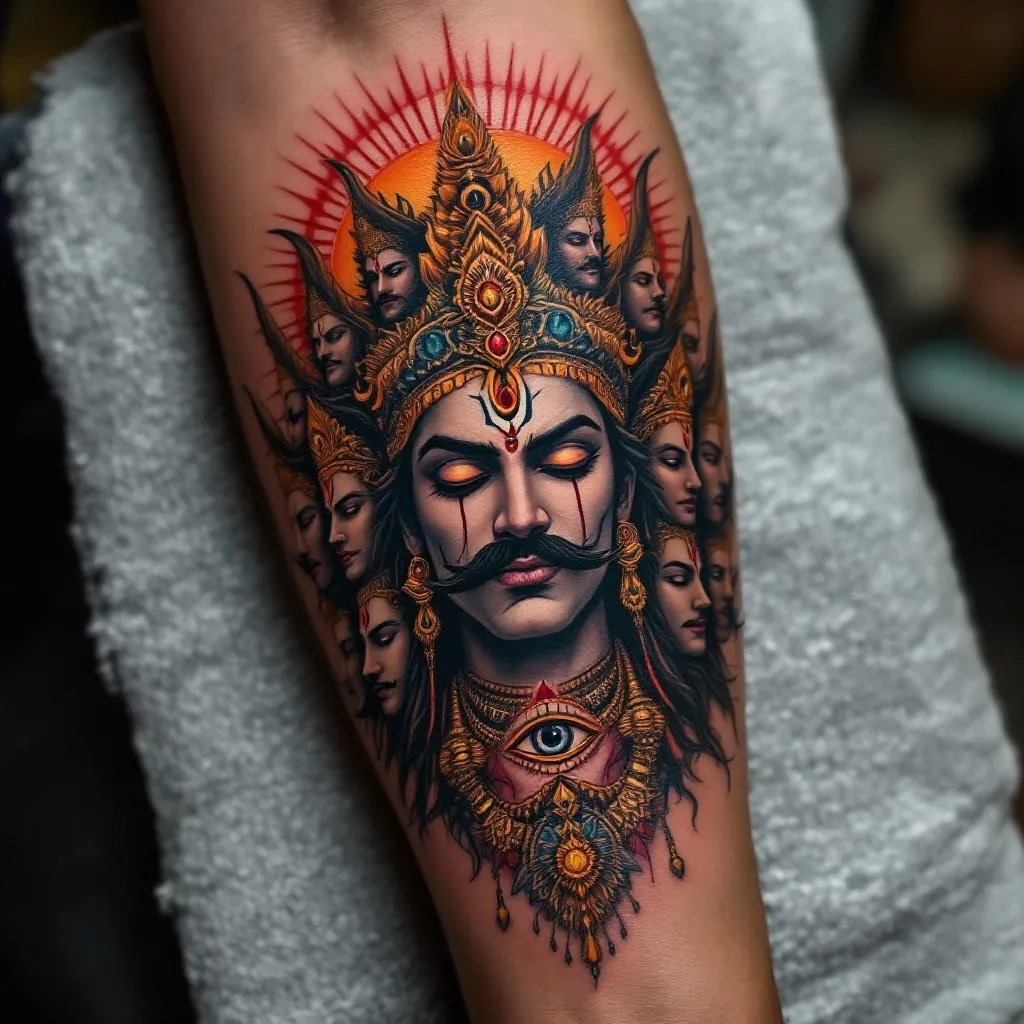 Craft a mesmerizing and intricate tattoo design for a male forearm, positioned near the front of the elbow. The design should elegantly captivate the mystical tableau of the seven chakras, intricately arranged. Let the commanding figure of Ravana, with ten heads, make an emphatic horizontal appearance across the design. Ensure each of his heads radiates a royal aura that celebrates his might and majesty, adorned with formidable mustaches. The centerpiece of the composition should be a semi-closed third eye, set against a radiant sun backdrop. The colors and tones should gracefully harmonize with a medium skin tone. Please capture all these elements with refined sophistication and profound visual impact.