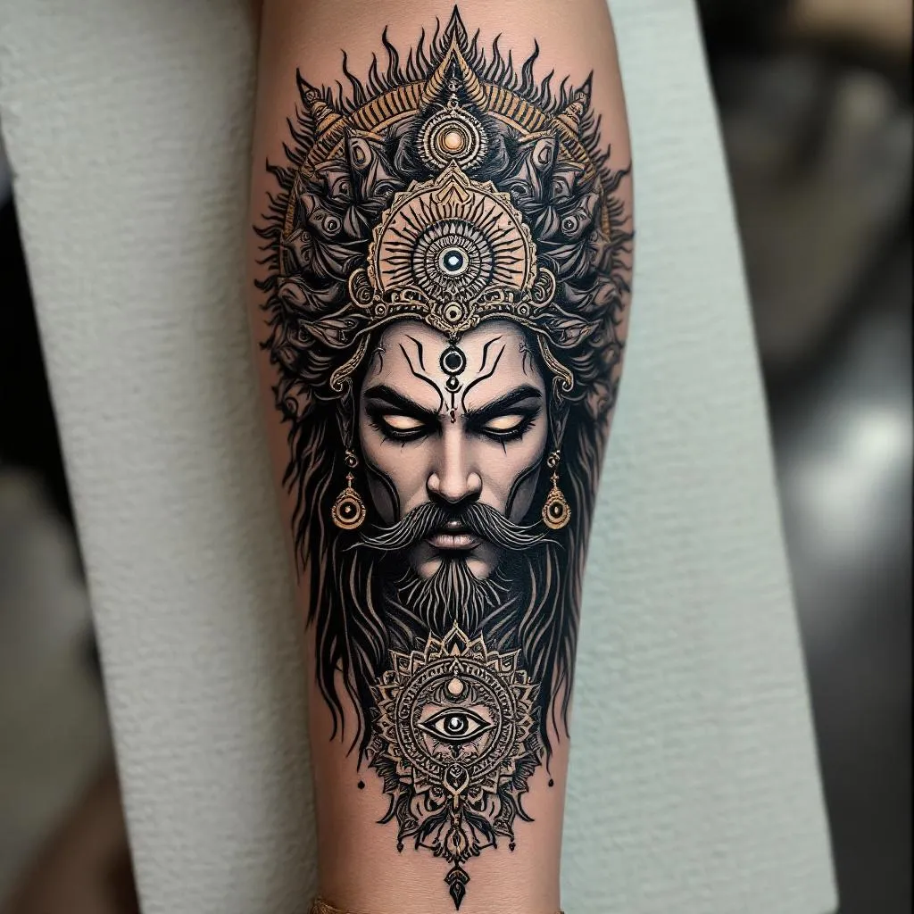Craft a mesmerizing and intricate tattoo design for a male forearm, positioned near the front of the elbow. The design should elegantly captivate the mystical tableau of the seven chakras, intricately arranged. Let the commanding figure of Ravana, with ten heads, make an emphatic horizontal appearance across the design. Ensure each of his heads radiates a royal aura that celebrates his might and majesty, adorned with formidable mustaches. The centerpiece of the composition should be a semi-closed third eye, set against a radiant sun backdrop. The colors and tones should gracefully harmonize with a medium skin tone. Please capture all these elements with refined sophistication and profound visual impact.black
