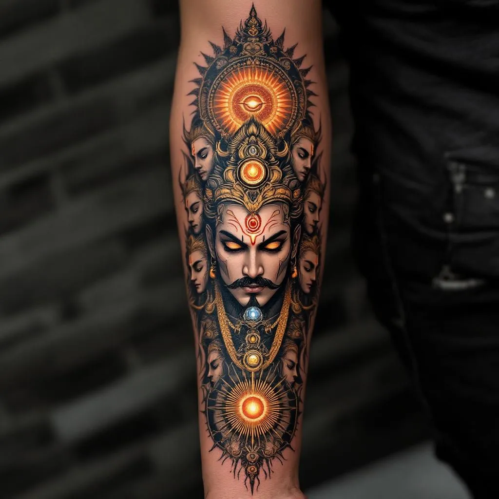 Generate a stunning, intricate tattoo design perfectly tailored to fill a male forearm, precisely located on the anterior side near the elbow. Incorporate a captivating representation of the seven chakras, composed with finesse and deep symbolic detail. Feature prominently the imposing figure of Ravana, depicted with ten heads, each expressing a noble aura reflecting his power and splendour, complemented with distinct and formidable mustaches. The focal point of this masterpiece should be a semi-closed third eye set within the glowing orb of a radiant sun. The color palette should harmoniously blend with a medium skin tone. Despite its complex narrative, the design should maintain a clear, bangle-like simplicity, encapsulating all elements within a band of astounding beauty. The result should be a sophisticated balance of symbolism and aesthetics, delivering a profound visual impact. The subject of this work is specifically a male.