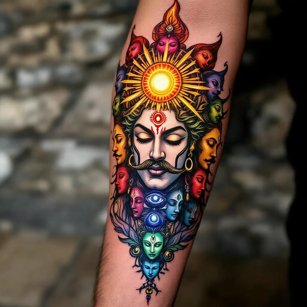 Generate a stunning, intricate tattoo design perfectly tailored to fill a male forearm, precisely located on the anterior side near the elbow. Incorporate a captivating representation of the seven chakras, composed with finesse and deep symbolic detail. Feature prominently the imposing figure of Ravana, depicted with ten heads, each expressing a noble aura reflecting his power and splendour, complemented with distinct and formidable mustaches. The focal point of this masterpiece should be a semi-closed third eye set within the glowing orb of a radiant sun. The color palette should harmoniously blend with a medium skin tone. Despite its complex narrative, the design should maintain a clear, bangle-like simplicity, encapsulating all elements
within a band of astounding beauty. The result should be a sophisticated balance of symbolism and aesthetics, delivering a profound visual impact. The subject of this work is specifically a male.very simple