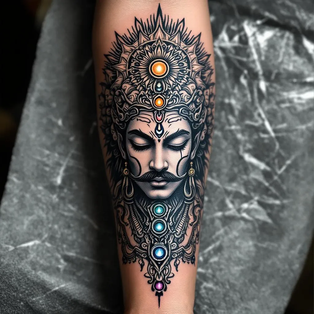 Generate a stunning, intricate tattoo design perfectly tailored to fill a male forearm, precisely located on the anterior side near the elbow. Incorporate a captivating representation of the seven chakras, composed with finesse and deep symbolic detail. Feature prominently the imposing figure of Ravana, depicted with ten heads, each expressing a noble aura reflecting his power and splendour, complemented with distinct and formidable mustaches. The focal point of this masterpiece should be a semi-closed third eye set within the glowing orb of a radiant sun. The color palette should harmoniously blend with a medium skin tone. Despite its complex narrative, the design should maintain a clear, bangle-like simplicity, encapsulating all elements 
within a band of astounding beauty. The result should be a sophisticated balance of symbolism and aesthetics, delivering a profound visual impact. The subject of this work is specifically a male.very simple.in black