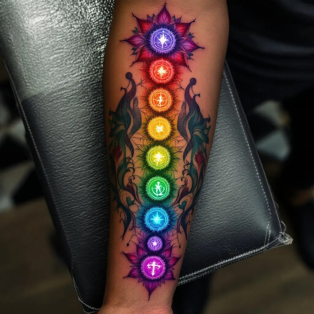 Craft an eye-catching tattoo design prominently showcasing the seven chakras, intricately detailed and arranged vertically in correspondence to their placement on the human body. Intended for a male client with a medium-dark skin tone, the design should embody a masculine aura without compromising on the uniqueness of each chakra symbol. The tattoo should not be excessively colorful but rather have subtle hues that complement and enhance his skin tone. The ideal position for this detailed tattoo would be on his forearm, ensuring maximum visibility and impact.