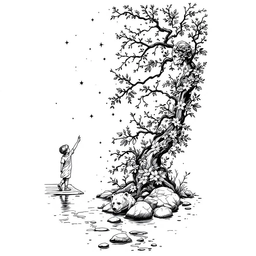Full black‑and‑gray realism right‑arm sleeve with thick, bold lines and plenty of white space, designed as one continuous scene flowing from wrist to shoulder along a gentle S‑curve. At the wrist cuff, a young child stands in profile on a wooden pier, pointing upward toward small stars and the path of the vines to clearly mark the start of the life journey. From the child’s feet, a delicate but sprawling branch of dead vines with mixed leaves, flowers, and small berries winds upward through the sleeve; the vines stay slightly thinner and repeat in an elegant pattern that leaves open channels of skin so the design feels airy, not crowded. Near the child on the lower forearm, a young bear cub walks in a shallow stream with thick fluffy fur, rounded muzzle and ears, and soft curious eyes, its snout touching the water as if gently drinking while its paws step over smooth rocks, with clean negative space preserved around the rocks and water. Above this on the mid‑forearm, a cracked Greco‑Roman stone bust rises from the collarbones, its surface fractured and weathered as if it has endured time and trauma; a clean horizontal slice cuts through the head for a surreal, fragmented‑mind feeling, while fine leafless branches and slender vines sprout from the hair, shoulders, and broken edges—some with small leaves—as if nature is reclaiming or growing from the ruins, symbolizing vulnerability, rebirth, and the mind regrowing. Beside or slightly below the bust sits a single bold pocket compass with a round metal case, raised rim, clear glass top, and a detailed compass rose inside; the points are strongly rendered in black, the inner lines are fine, and the long needle runs North–South while the East and West tips are slightly thicker and darker to represent movement between the East and West Coasts. Higher up, a lighthouse stands on rough rocks to represent a difficult, rocky road, drawn with simplified shapes and dramatic lighting. On the upper arm, a floating island with rocky, root‑like edges hangs in the sky; along its edge a powerful frontside down‑carve wave breaks, with a surfer gouging through the face of the wave and a huge fan of spray exploding upward behind the board, the surfer’s body simplified so the focus stays on the cut in the wave and the spray. On the island are two or three fine‑line palm trees—tall, slender trunks with subtle ring texture and soft shading, topped with full rounded crowns of slightly drooping fronds in clean black‑and‑gray linework—and a small tropical house nestled in foliage with water flowing across the island’s surface and a large full moon rising behind it. In front of this moon stands a lone samurai in full armor, shown in profile with head bowed and hands resting on the hilt of his sheathed sword, giving a calm yet solemn, battle‑worn feeling; his armor is rendered in gritty black and gray with textured, ink‑splattered shading, smoky black clouds swirl behind him, and dark birds fly around to add a sense of motion and omen. Above the surfer, a small pod of dolphins swims together in open water seen from above: five form a loose arc and two travel slightly ahead to the right like gentle leaders, their dark silhouettes contrasted against a pale background of water that creates calm, minimalist negative space. At the top near the shoulder, a stylized California landscape wraps the shoulder: snow‑capped mountains, evergreen trees, a waterfall and river running down to the coastline, and a radiant celestial sun. This sun is depicted as a luminous orb overlapping with a darker crescent to form a layered celestial sphere in fine black‑and‑gray detail; the crescent holds swirling, wave‑like textures, while the bright disc is speckled with small craters and orbiting dots, surrounded by a loose halo of stars and dots for a soft cosmic glow, with thin lines, drips, and elongated star shapes trailing downward like stardust. Throughout the sleeve, the thinner vines weave around and between every element—child, cub, bust, compass, lighthouse, island, surfer, samurai, dolphins, and landscape—and finally blend into the top celestial sun, tying the entire arm into one cohesive, high‑contrast, story‑driven design.