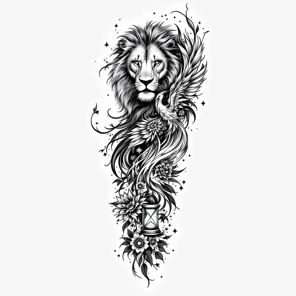 Realistic black and grey leg sleeve tattoo design for a woman, powerful majestic lion on the front upper thigh symbolizing strength and dominance, detailed phoenix rising from the outer calf upward with long elegant flowing feathers, feathers extending toward the thigh and connecting with the lion, ornamental mandala and lotus flower elements blending the composition together, an hourglass placed near the outer thigh quote symbolizing time and life, sand flowing through the hourglass and transforming into phoenix feathers, soft smoke and wind effects flowing with the leg anatomy, feminine but powerful aesthetic, dark ornamental tattoo style, very high detail, tattoo stencil style, clean lines, realistic shading, designed for a full leg sleeve.