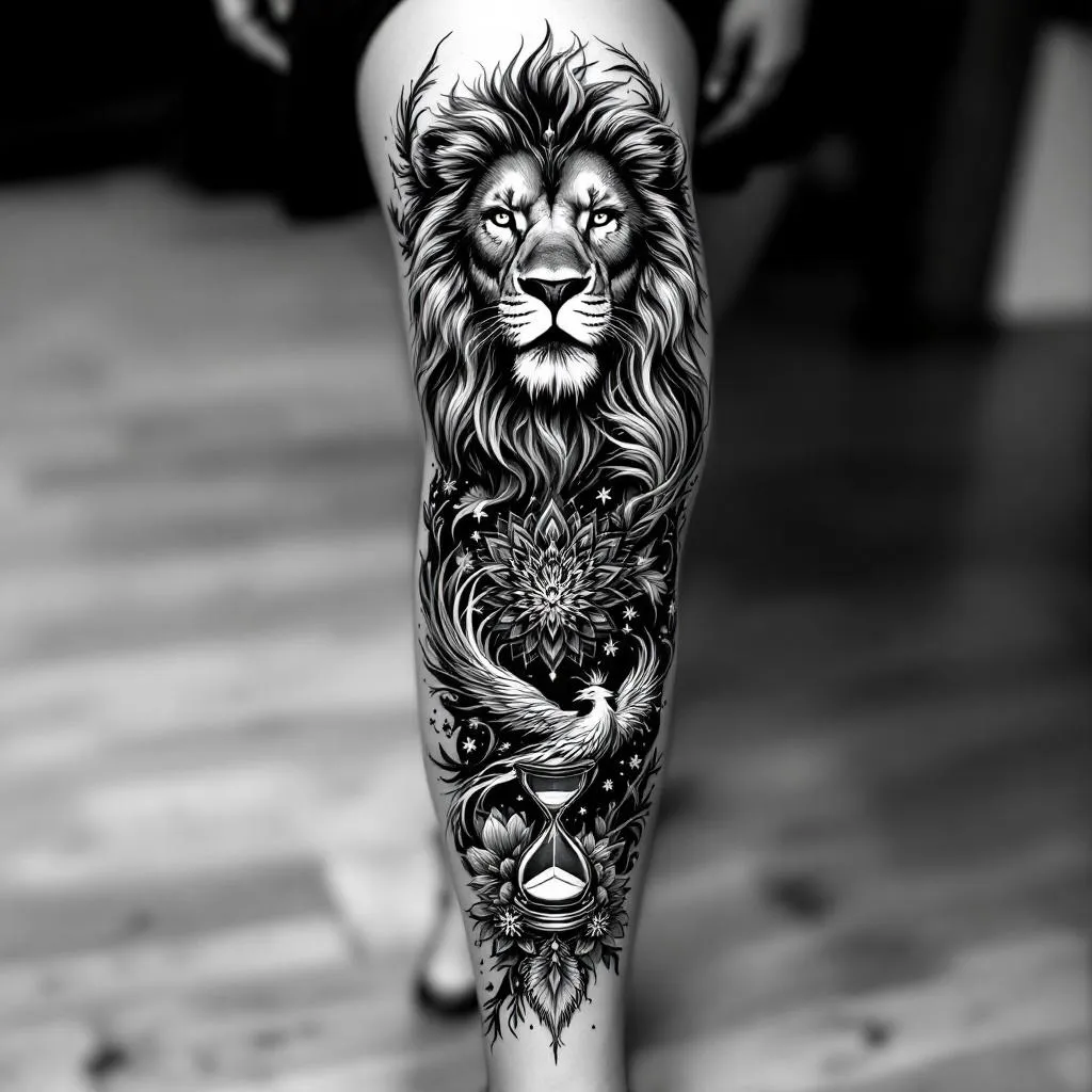 Realistic black and grey leg sleeve tattoo design for a woman, powerful majestic lion on the front upper thigh symbolizing strength and dominance, detailed phoenix rising from the outer calf upward with long elegant flowing feathers, feathers extending toward the thigh and connecting with the lion, ornamental mandala and lotus flower elements blending the composition together, an hourglass placed near the outer thigh quote symbolizing time and life, sand flowing through the hourglass and transforming into phoenix feathers, soft smoke and wind effects flowing with the leg anatomy, feminine but powerful aesthetic, dark ornamental tattoo style, very high detail, tattoo stencil style, clean lines, realistic shading, designed for a full leg sleeve.