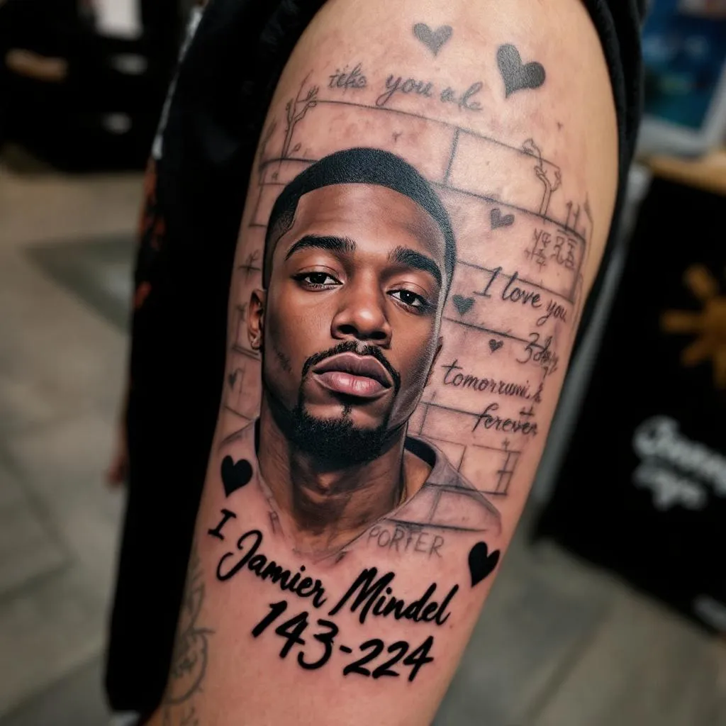 Create an emotive tattoo for a male with a medium skin tone featuring a lifelike portrait of Jamier Mindel Porter, showcasing his resilience and strength. For a personal touch, include his name artistically below the portrait. To signify their unyielding love and commitment, incorporate the numbers "143-224", symbolizing "I love you today, tomorrow & forever". Surround the primary elements with a series of inspirational drawings that depict the triumphs over their daily struggles and the unwavering bond they share despite a 35-year prison sentence that separates them. The entire design should be positioned in a way that would fit appealingly on the body, reflecting the never-ending loyalty and affection they have for each other.