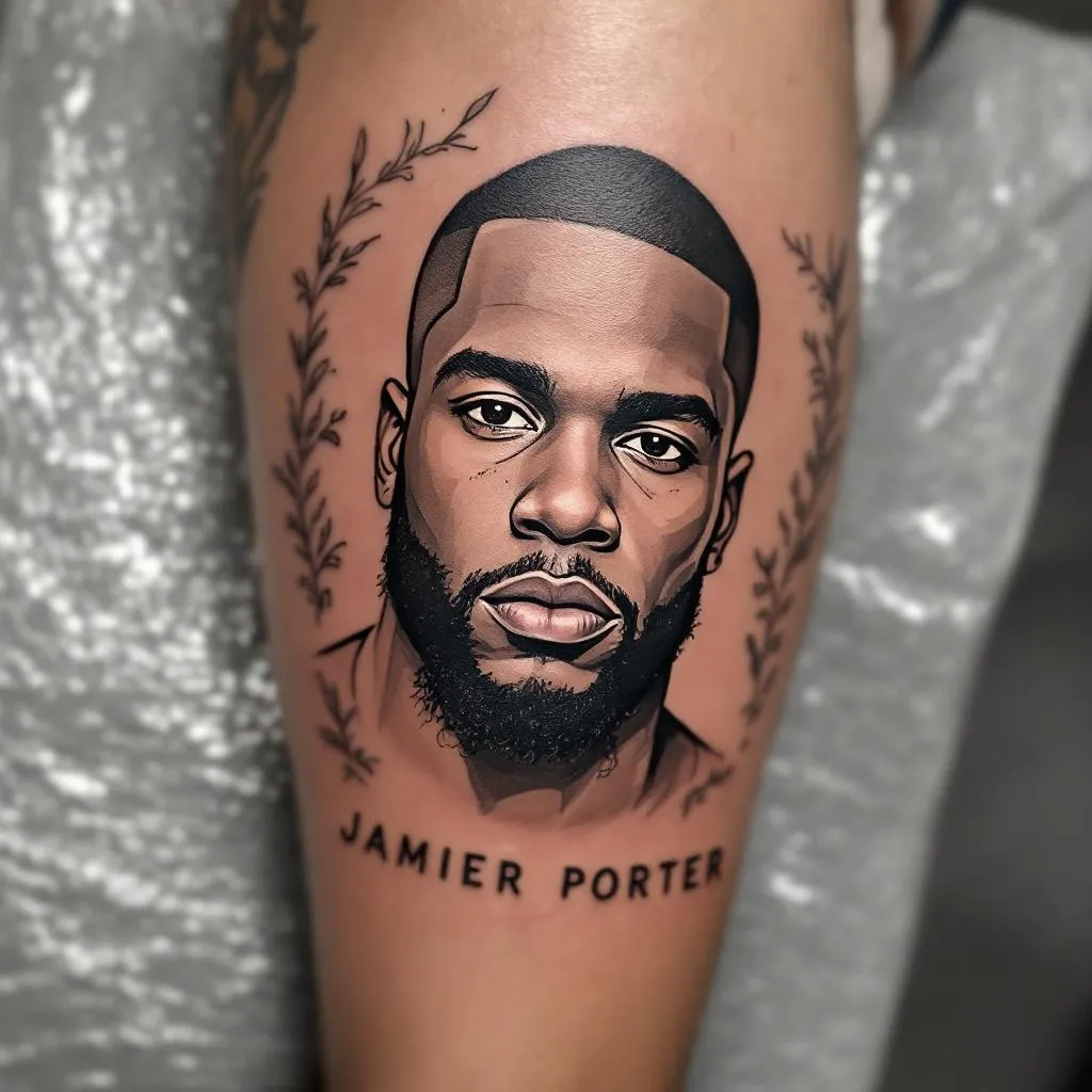 A portrait of my husbands face & his name “Jamier Mindel porter” , the numbers 143224 meaning “I love you today tomorrow & forever” my husband has a 35 year prison sentence. Our bond and foundation is so powerful and he is really the strongest man I’ve ever met. He makes me want to become the best version of myself and I want his portrait, the numbers 143-224, and some inspirational drawings around his portrait to resemble our relationship , the struggles and things we get past everyday and that no matter how far we are in distance our love never fades or could ever break our loyalty 

I want the writing to be in bold cursive 
 JAMIER PORTER