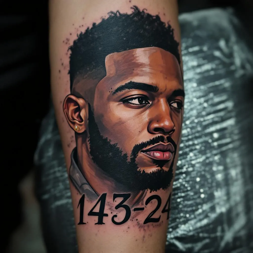 A portrait of my husbands face & his name “Jamier Mindel porter” , the numbers 143224 meaning “I love you today tomorrow & forever” my husband has a 35 year prison sentence. Our bond and foundation is so powerful and he is really the strongest man I’ve ever met. He makes me want to become the best version of myself and I want his portrait, the numbers 143-224, and some inspirational drawings around his portrait to resemble our relationship , the struggles and things we get past everyday and that no matter how far we are in distance our love never fades or could ever break our loyalty 

I want the writing to be in bold cursive 
 JAMIER PORTER