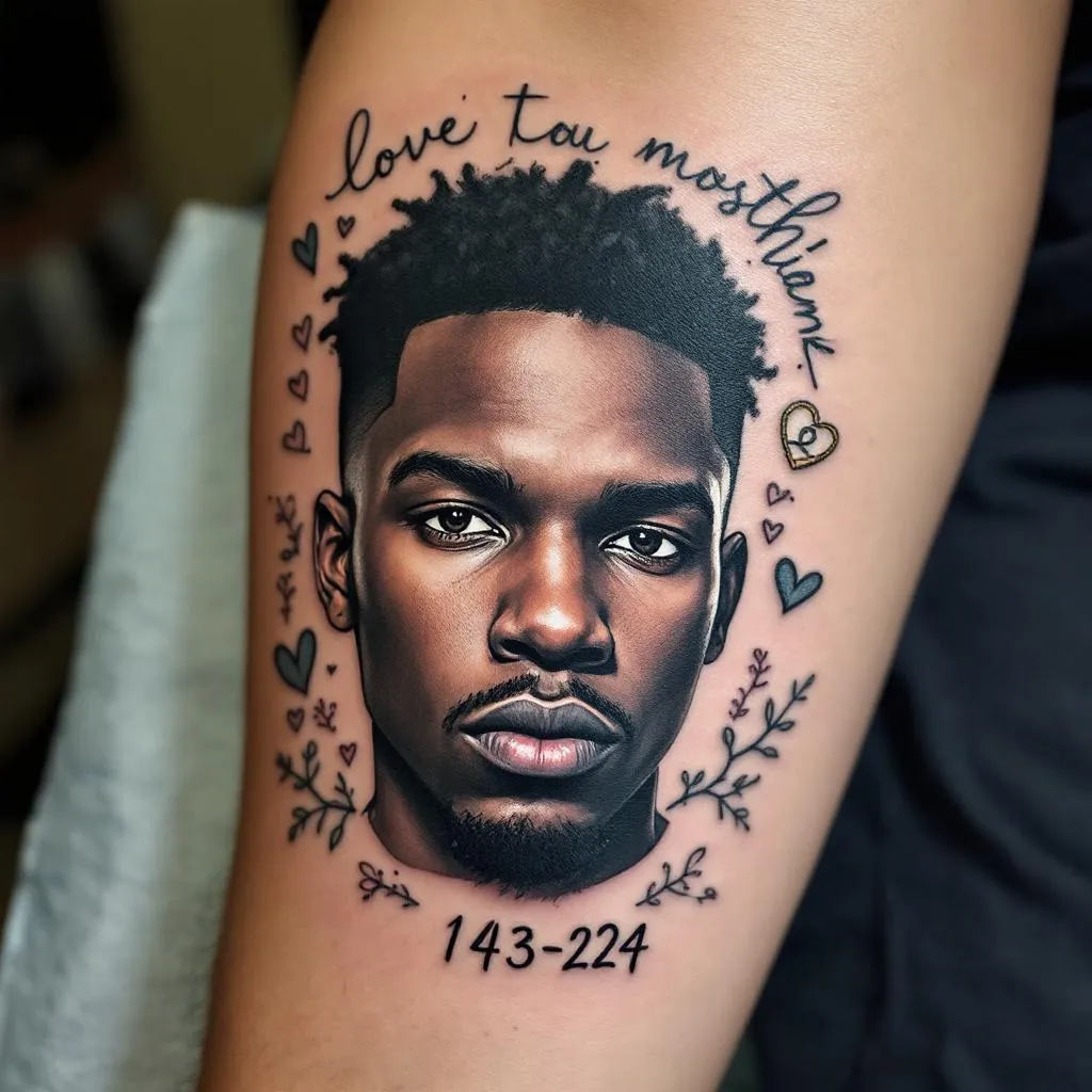 A portrait of my husbands face & his name “Jamier Mindel porter” , the numbers 143224 meaning “I love you today tomorrow & forever” my husband has a 35 year prison sentence. Our bond and foundation is so powerful and he is really the strongest man I’ve ever met. He makes me want to become the best version of myself and I want his portrait, the numbers 143-224, and some inspirational drawings around his portrait to resemble our relationship , the struggles and things we get past everyday and that no matter how far we are in distance our love never fades or could ever break our loyalty 

I want the writing to be in bold cursive 
 JAMIER PORTER
Face portrait with our struggles surrounding but hearts , lockets, “143-224” , “forever my husband” , “Jamier porter” and “10 tens till the world blow” QUOTES INCORPORATED IN THE PICTURE SURROUNDING his portrait 