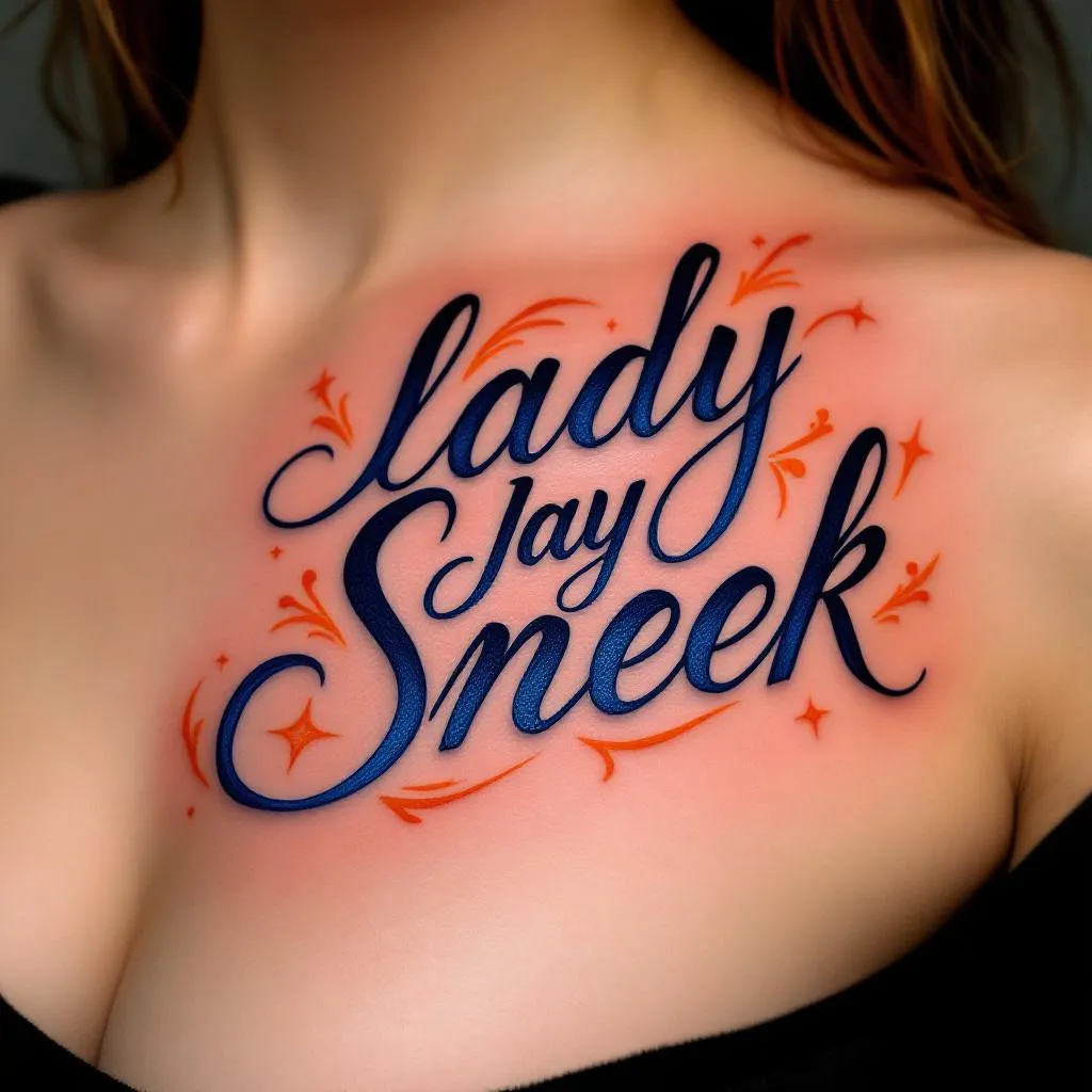 LADY JAY SNEEK
IN royal blue cursive writing with orange colored accents surrounding the words “lady Jay Sneek “