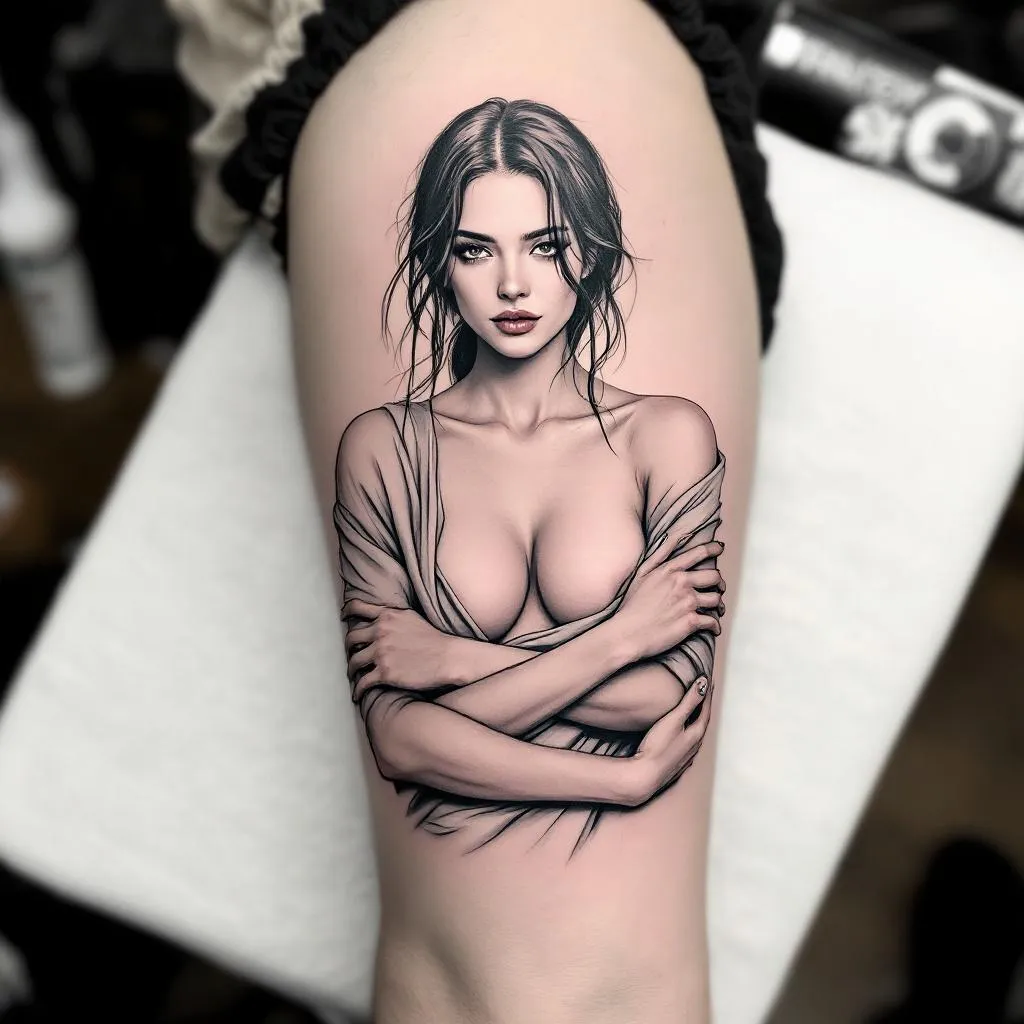 A woman's arm tattoo with low realism, from head to chest, slightly averted gaze, expressionless face, fabric on the shoulders, revealing them and covering the chest, but the solar plexus itself is visible, the collarbones are clearly visible, the arms are not crossed but bent at the elbows, and the fingers of one hand overlap the fingers of the other, the hair is pulled back, loose in front and hanging slightly.
The tattoo is intended for the upper arm and will eventually be part of a sleeve.