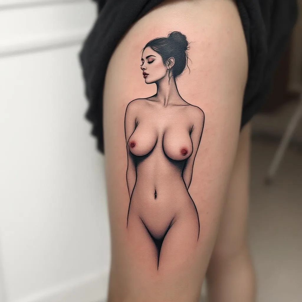 smaller breasts, body turned with head to the side, less realism
