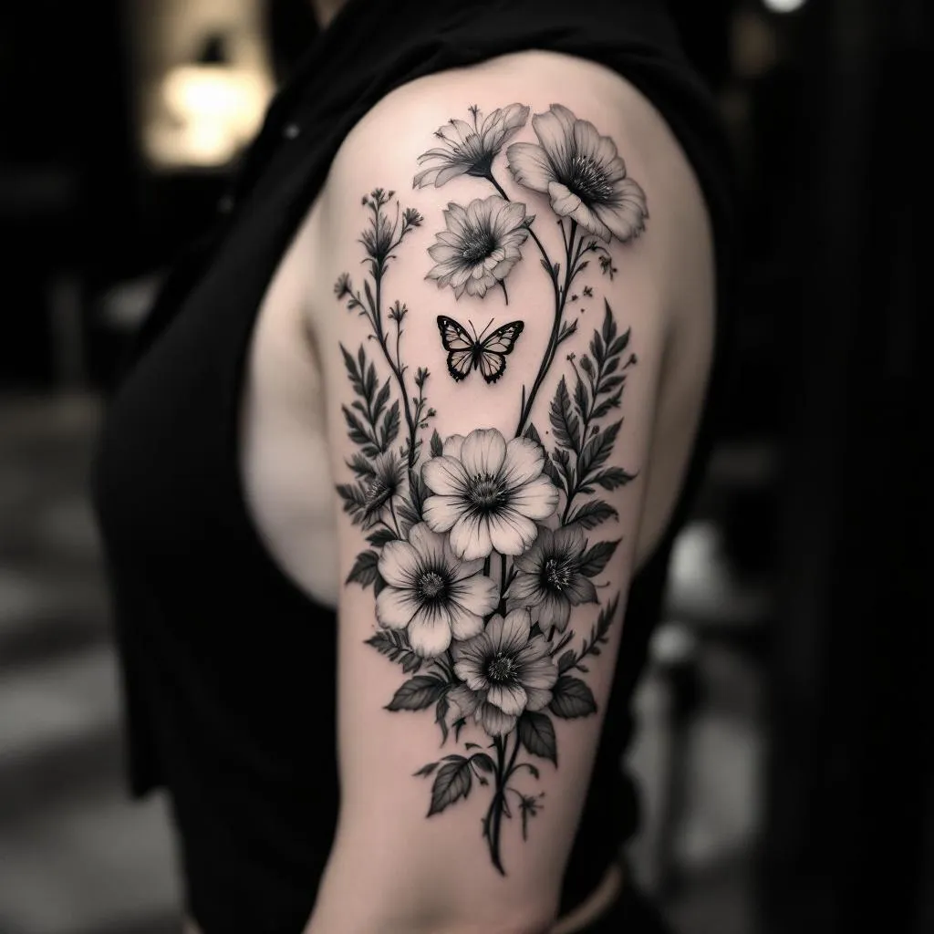 I want matching flowers from the one bone to the other,  and maybe a butterfly ind the middle