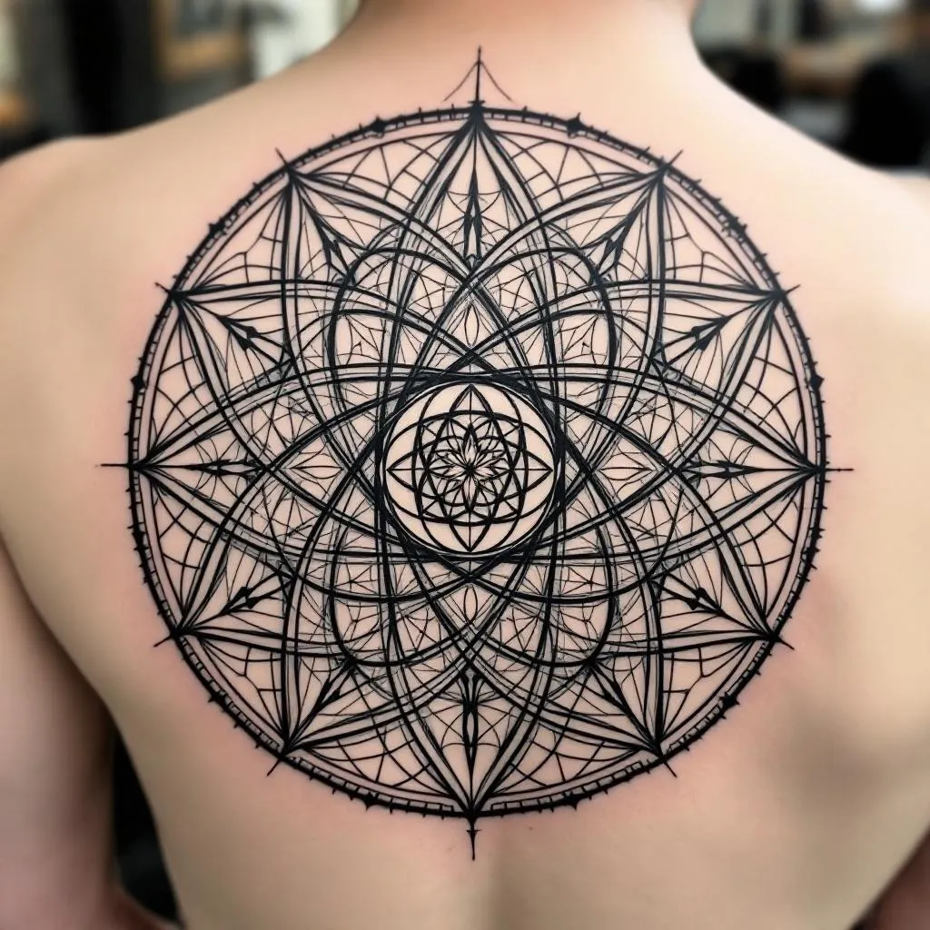sacred geometry tattoo, flower of life merged with Metatron's cube, fine line tattoo design, symmetrical geometry, black ink line art, spiritual geometric tattoo

This tattoo will be 20 cm n diameter and placed centrally over my back at the level of my heart.