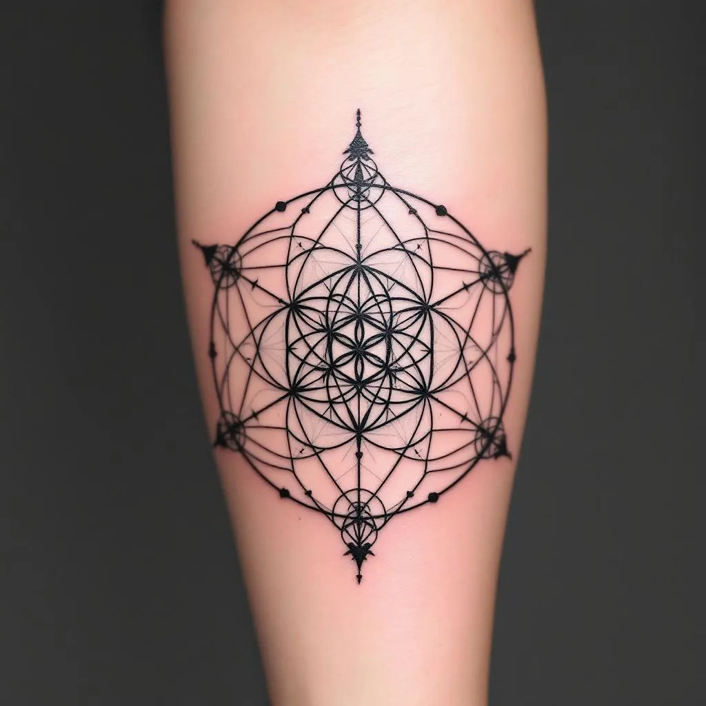 flower of life merged with Metatron's cube, fine line, no shading, symmetrical, black ink line

This tattoo will be 15 cm n diameter and placed centrally over my back at the level of my heart.