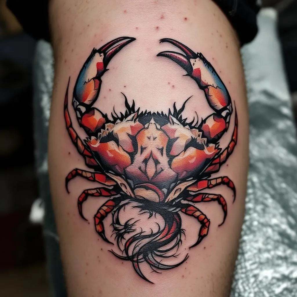 Finish my tattoo crab on knee body of dragoj goes around my leg around crab and finishes somewhere on the bottom of the leg and put details on body claws and stuff