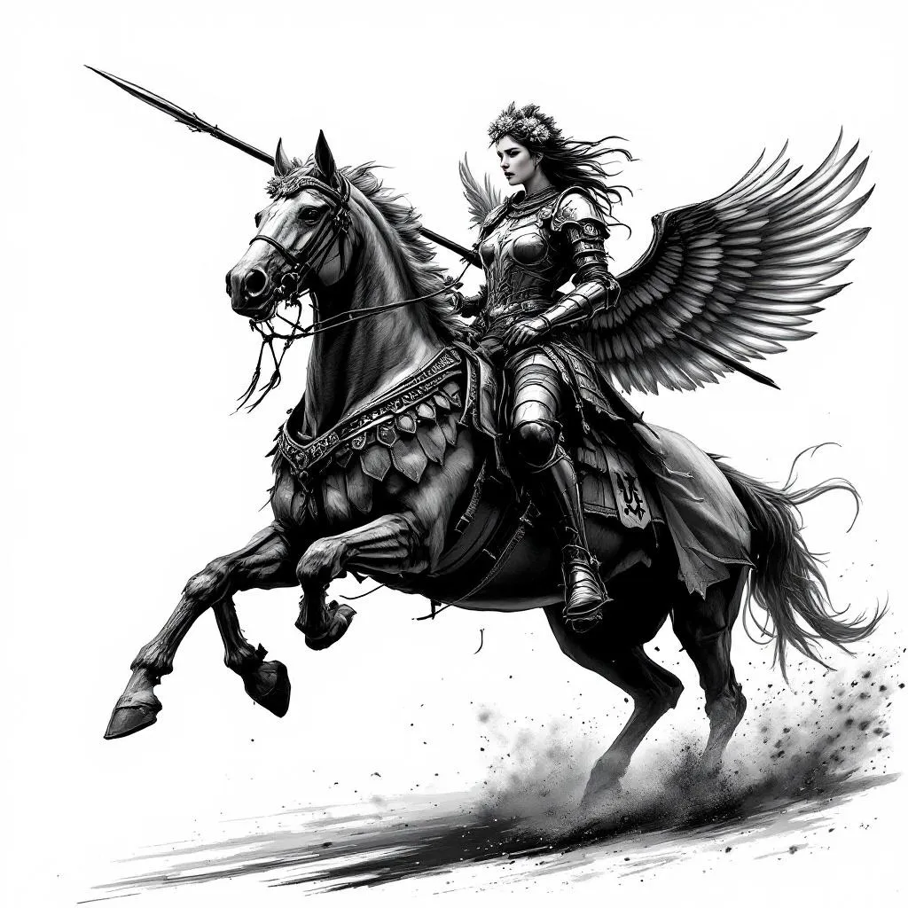 Female warrior riding a charging war horse, realistic black and grey tattoo design.

Horse in strong forward diagonal motion, dynamic perspective, powerful and realistic anatomy.

Rider sitting parallel to the horse, correct anatomy, strong feminine warrior, plate armor.

Flower crown on head.

Ukrainian Tryzub symbol on chest armor and horse barding.

Holding a long spear with two severed heads hanging.

Other hand holding the reins.

Two Polish Winged Hussar wings behind the back, both visible, slightly open, close to the body.

Wooden wing frames visible, curved shape facing forward, feathers attached in rows.

High contrast, dramatic lighting, cinematic, clean tattoo composition, strong silhouette, dust motion under horse.

No angel wings, no shield, no extra elements, no wrong anatomy.