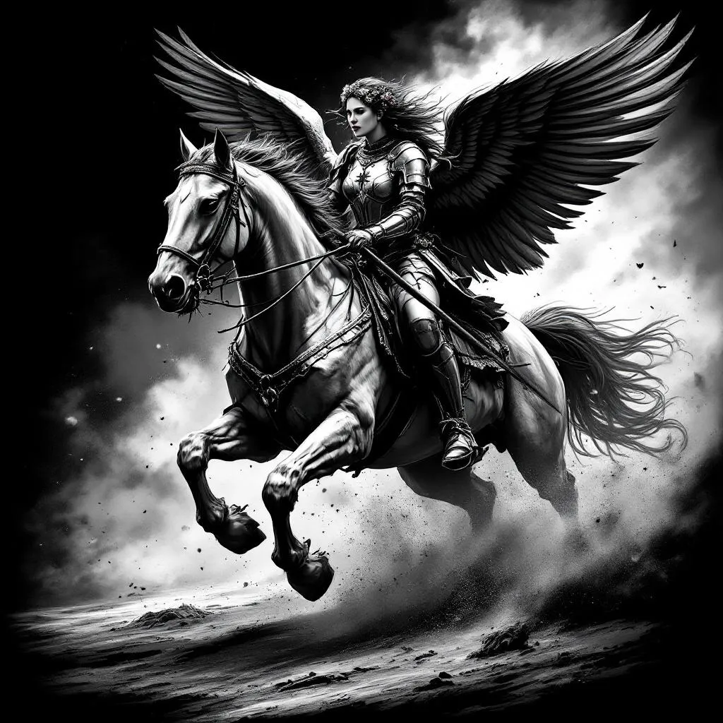 Female warrior riding a charging war horse, realistic black and grey tattoo design.

Horse in dynamic diagonal forward motion, body slightly tilted and leaning into the movement, not straight. 
The horse must have a natural twist in the torso and shoulders, with the front slightly turned, creating a sense of depth and forward momentum. 
The pose should feel like the horse is cutting across the scene, not running directly forward.

Powerful anatomy, strong chest, active legs, visible motion.

Rider sitting naturally and parallel to the horse’s body, anatomically correct, strong feminine warrior wearing plate armor.

Flower crown on head.

Ukrainian Tryzub symbol on chest armor and horse barding.

Holding a long spear with two severed heads hanging.

Other hand holding the reins naturally.

Two Polish Winged Hussar wings behind the back, both visible, slightly open, close to the body.

Wings must be historically accurate Polish Hussar wings:
curved wooden frames clearly visible,
wooden structure facing forward,
feathers attached in structured rows along the frame,
long natural feathers,
not soft, not fluffy.

High contrast, dramatic lighting, cinematic, clean tattoo composition, strong silhouette.

Dust and ground motion under the horse to emphasize speed and impact.

No straight running horse, no flat pose, no angel wings, no soft fantasy wings, no shield, no extra elements, no incorrect anatomy.