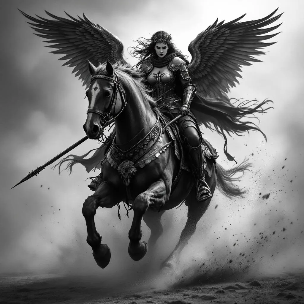 Female warrior riding a charging war horse, realistic black and grey tattoo design.

Horse in dynamic diagonal forward motion, body slightly tilted and leaning into the movement, not straight. 
The horse must have a natural twist in the torso and shoulders, with the front slightly turned, creating a sense of depth and forward momentum. 
The pose should feel like the horse is cutting across the scene, not running directly forward.

Powerful anatomy, strong chest, active legs, visible motion.

Rider sitting naturally and parallel to the horse’s body, anatomically correct, strong feminine warrior wearing plate armor.

Flower crown on head.

Ukrainian Tryzub symbol on chest armor and horse barding.

Holding a long spear with two severed heads hanging.

Other hand holding the reins naturally.

Two Polish Winged Hussar wings behind the back, both visible, slightly open, close to the body.

Wings must be historically accurate Polish Hussar wings:
curved wooden frames clearly visible,
wooden structure facing forward,
feathers attached in structured rows along the frame,
long natural feathers,
not soft, not fluffy.

High contrast, dramatic lighting, cinematic, clean tattoo composition, strong silhouette.

Dust and ground motion under the horse to emphasize speed and impact.

No straight running horse, no flat pose, no angel wings, no soft fantasy wings, no shield, no extra elements, no incorrect anatomy. Horse must NOT be front-facing or symmetrical.

Horse must be in strong diagonal motion, turning slightly to one side.

The body must show clear twist between shoulders and hips.

The chest and front legs slightly angled, not facing straight forward.

The horse must look like it is cutting across the frame, not jumping up.

Include forward momentum, ground impact, and directional movement.

No static pose, no straight composition, no centered front view.