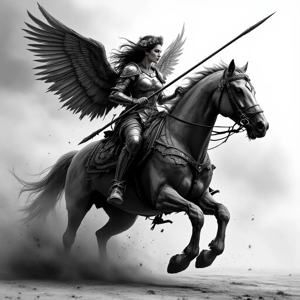 Female warrior riding a charging war horse, realistic black and grey tattoo design.

Horse in dynamic diagonal forward motion, body slightly tilted and leaning into the movement, not straight. 
The horse must have a natural twist in the torso and shoulders, with the front slightly turned, creating a sense of depth and forward momentum. 
The pose should feel like the horse is cutting across the scene, not running directly forward.

Powerful anatomy, strong chest, active legs, visible motion.

Rider sitting naturally and parallel to the horse’s body, anatomically correct, strong feminine warrior wearing plate armor.

Flower crown on head.

Ukrainian Tryzub symbol on chest armor and horse barding.

Holding a long spear with two severed heads hanging.

Other hand holding the reins naturally.

Two Polish Winged Hussar wings behind the back, both visible, slightly open, close to the body.

Wings must be historically accurate Polish Hussar wings:
curved wooden frames clearly visible,
wooden structure facing forward,
feathers attached in structured rows along the frame,
long natural feathers,
not soft, not fluffy.

High contrast, dramatic lighting, cinematic, clean tattoo composition, strong silhouette.

Dust and ground motion under the horse to emphasize speed and impact.

No straight running horse, no flat pose, no angel wings, no soft fantasy wings, no shield, no extra elements, no incorrect anatomy. Horse must NOT be front-facing or symmetrical.

Horse must be in strong diagonal motion, turning slightly to one side.

The body must show clear twist between shoulders and hips.

The chest and front legs slightly angled, not facing straight forward.

The horse must look like it is cutting across the frame, not jumping up.

Include forward momentum, ground impact, and directional movement.

No static pose, no straight composition, no centered front view.