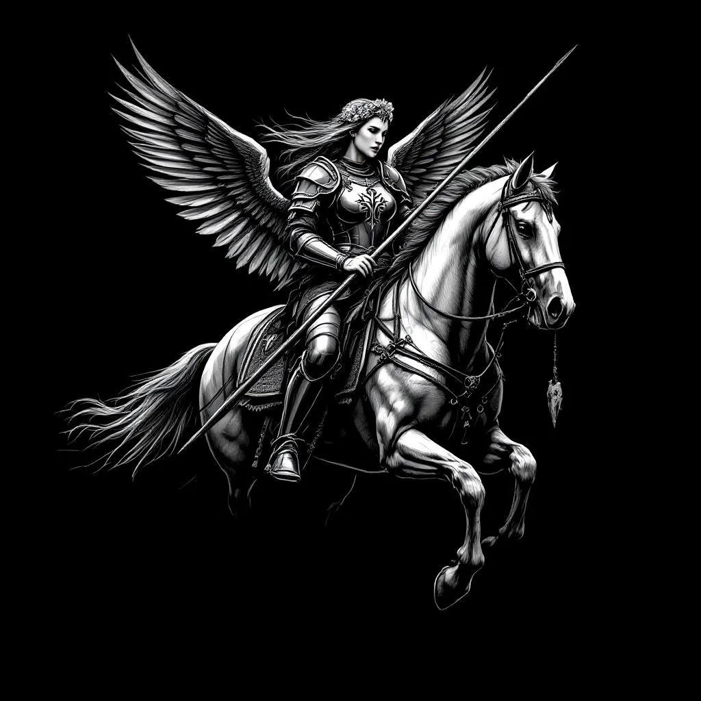 Female warrior riding a war horse, realistic black and grey tattoo design.

Horse must NOT be tilted or leaning. 
Keep the horse in a stable, balanced running pose, slightly angled but upright, not diagonal, not twisting. 
Natural forward motion, but controlled and grounded, not dramatic or exaggerated.

Rider sitting straight and parallel to the horse, anatomically correct.

Plate armor, strong feminine warrior.

Flower crown on head.

Ukrainian Tryzub symbol on chest armor and horse barding.

Holding a long spear with two severed heads hanging.

Other hand holding the reins.

Two Polish Winged Hussar wings behind the back:
both wings visible,
kept CLOSED and close to the body,
not wide open.

Wings must be traditional Hussar style:
curved wooden frames clearly visible,
wooden structure facing forward,
feathers attached in clean rows along the frame,
structured, rigid, historical look.

NO angel wings, no soft feathers, no fantasy style wings.

High contrast black and grey, dramatic lighting, clean tattoo composition, strong silhouette.

Minimal background, focus on warrior, horse, wings.

No dynamic tilt, no extreme motion, no rearing horse.