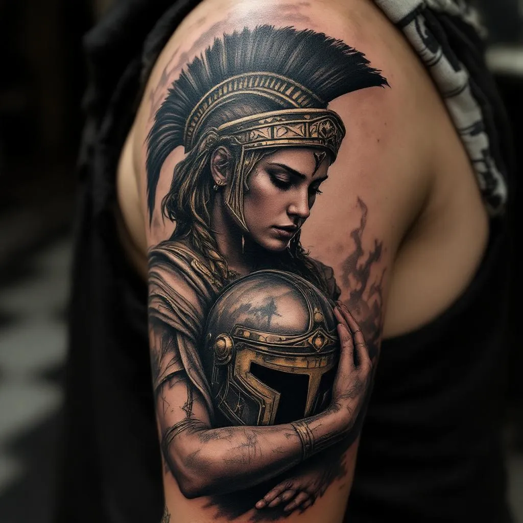 I want Athena to hold her helmet in a realistic atmospheric style