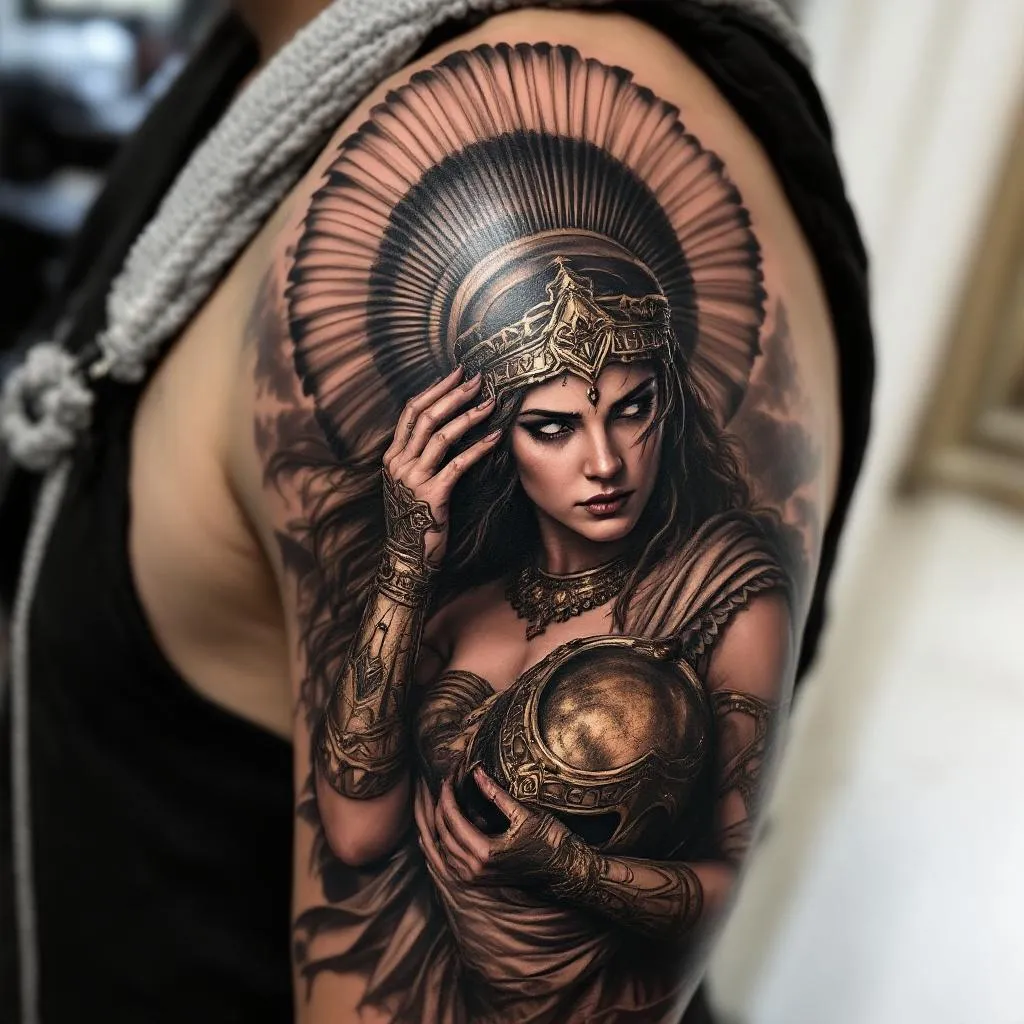 I want Athena to hold her helmet in a realistic atmospheric style